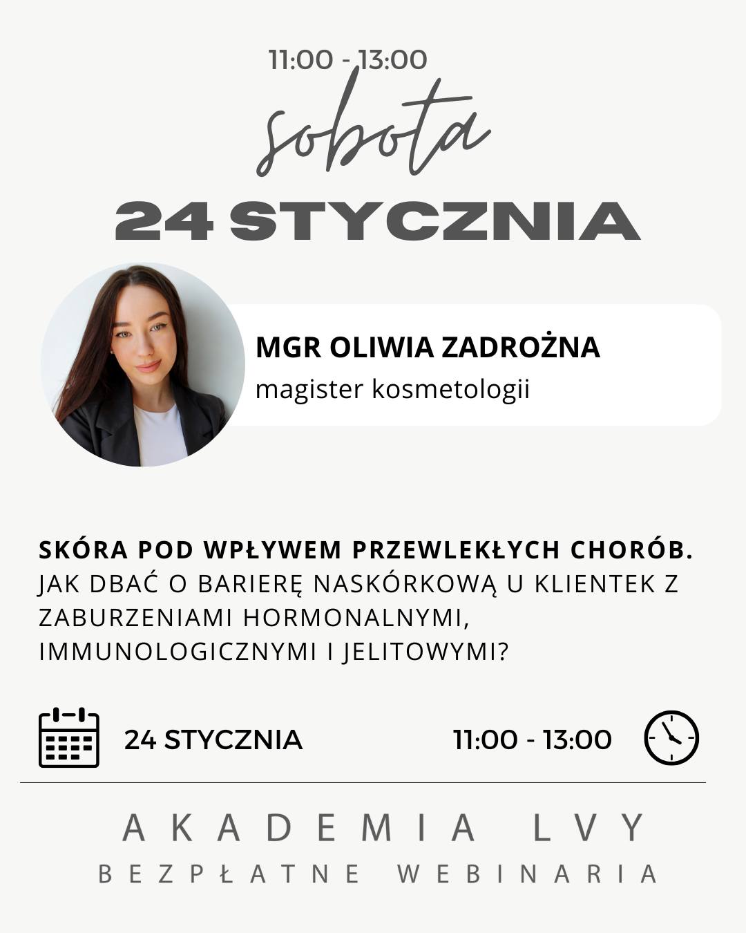 SKÓRA POD WPŁYWEM PRZEWLEKŁYCH CHORÓB
Przewlekłe choroby — hormonalne, autoimmunologiczne, metaboliczne czy jelitowe — potrafią diametralnie zmienić zachowanie skóry. Suchość, nadreaktywność, trądzik, rumień, trudności w regeneracji… To nie są „zwykłe problemy”, tylko sygnały płynące z organizmu.
To szkolenie pokaże, jak naprawdę pracować ze skórą obciążoną chorobami przewlekłymi i dlaczego klasyczne procedury często zawodzą.
W czasie spotkania dowiesz się:
- jak pracuje bariera naskórkowa w chorobach przewlekłych i dlaczego jej odbudowa wygląda zupełnie inaczej,
- jak zmienia się odpowiedź skóry na zabiegi i kosmetyki,
- jakie procedury są bezpieczne i skuteczne,
- jak prowadzić klientkę z chorobami tarczycy, PCOS, SIBO, IBD czy łuszczycą,
- jak rozpoznawać skórne „sygnały ostrzegawcze”, które wymagają konsultacji lekarskiej.
To wiedza, która realnie wpływa na skuteczność pracy kosmetologa — szczególnie dziś, gdy coraz więcej klientów mierzy się z zaburzeniami przewlekłymi.
Jeśli chcesz pracować świadomie, bezpiecznie i skutecznie, to szkolenie jest absolutnym MUST HAVE.
Zapraszamy do dołączenia na bezpłatne webinarium! Link do szkoleń w bio.
@olivia_kosmetolog #webinar #szkolenia #skóra #chorobaprzewlekła #chorobaimmunologiczna