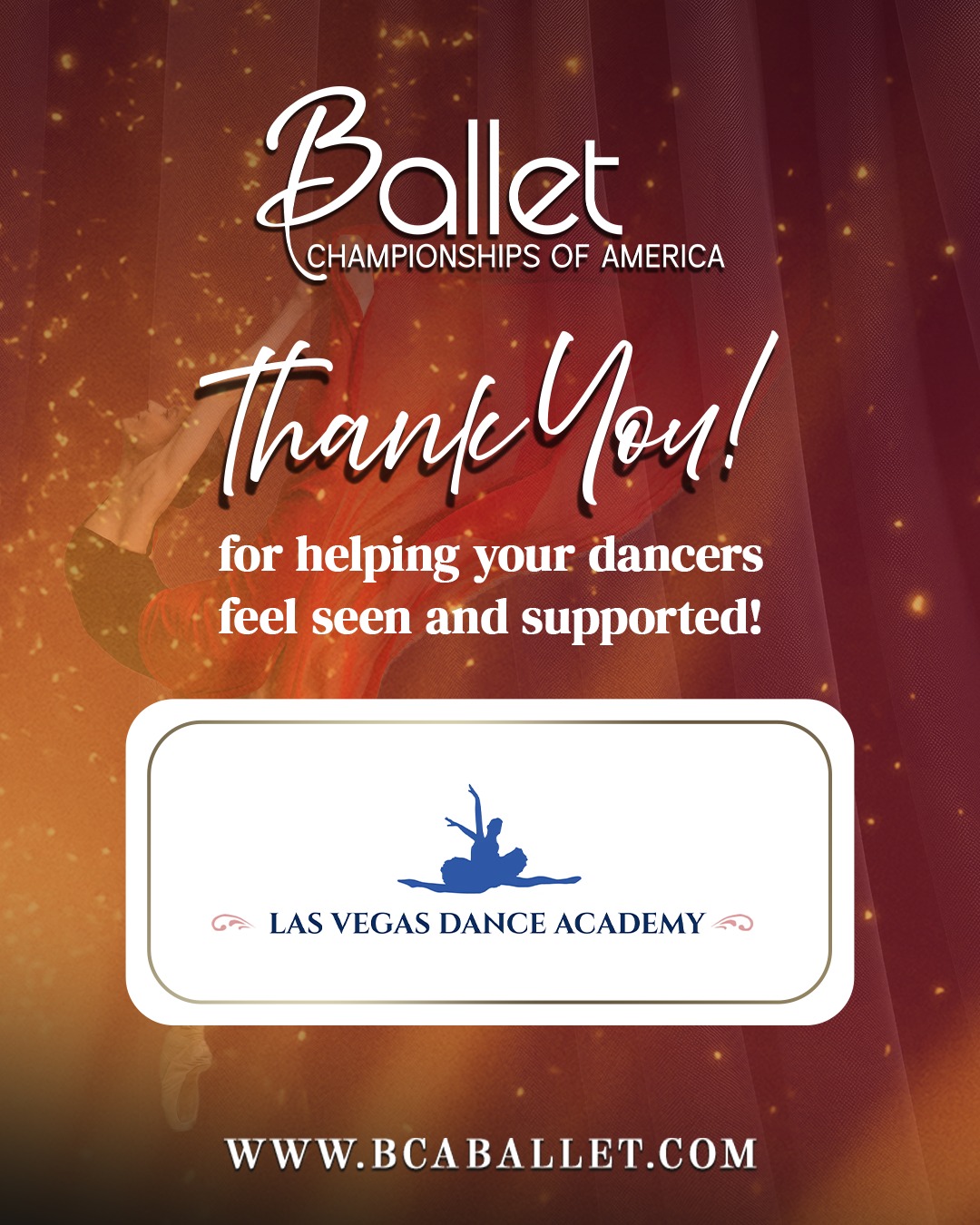 A big thank you to Las Vegas Dance Academy @lvdanceacademy for attending BCA Las Vegas. Your dancers brought energy, strength, and beautiful artistry to the stage. We’re grateful to partner with studios that help dancers feel supported every step of the way.