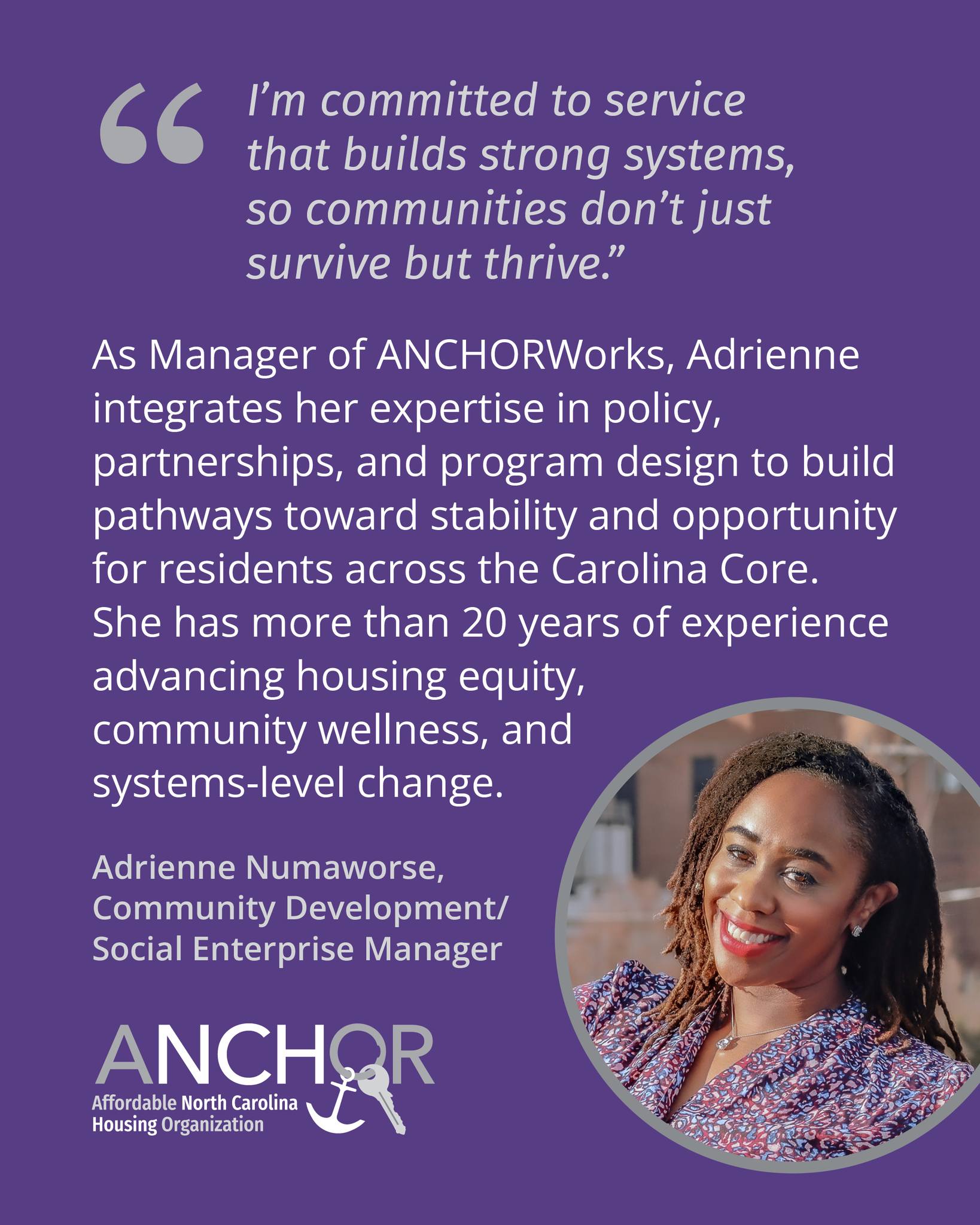 This #TeamTuesday, we’re highlighting Adrienne Numaworse, Manager of ANCHORWorks, our nonprofit facilities services program.
Adrienne integrates her expertise in policy, partnerships, and program design to build pathways toward stability and opportunity for residents across the Carolina Core. Grounded in more than 20 years of experience advancing housing equity, community wellness, and lasting systems change, she is “committed to service that builds strong systems, so communities don’t just survive but thrive.”
🔗 Learn more about ANCHORWorks: www.anchornc.org/anchorworks
#Workforce #AffordableHousing #HousingFirst
#CarolinaCore #NorthCarolina #PiedmontTriad