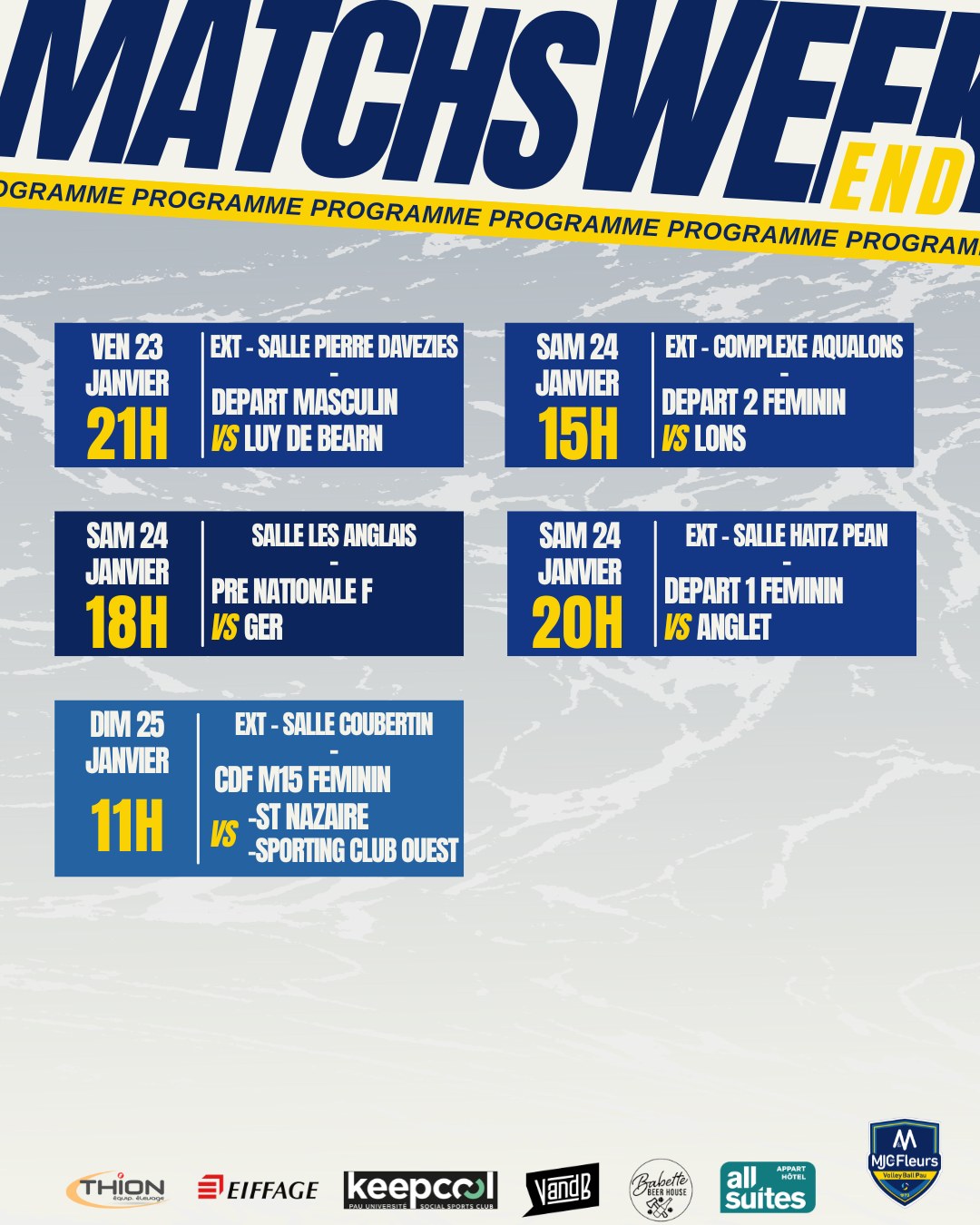 🌸 Programme du week-end 🌸
🏠 A domicile ; Salle Les Anglais
▶ Samedi 24 janvier , 18h, Pre-nationale F contre GER
🚗 Extérieur ;
➡ Vendredi 23 janvier, 21 h depart M contre luy de bearn (complexe pierre davezies)
➡ Samedi 24 janvier, 15h depart 2 F contre lons (complexe aqualons)
➡ Samedi 24 janvier, 20h depart 1 F contre Anglet (Salle haitz pean)
➡ Dimanche 25 janvier, 11h Coupe de France M15F contre Sporting club ouest et St Nazaire (Salle Coubertin)
📸 ; Namou
🙌 Partenaires ;
Thion Equip'Elevage / @keepcoolpau / @vandbpau /
@all_suites /@babettebeerhouse