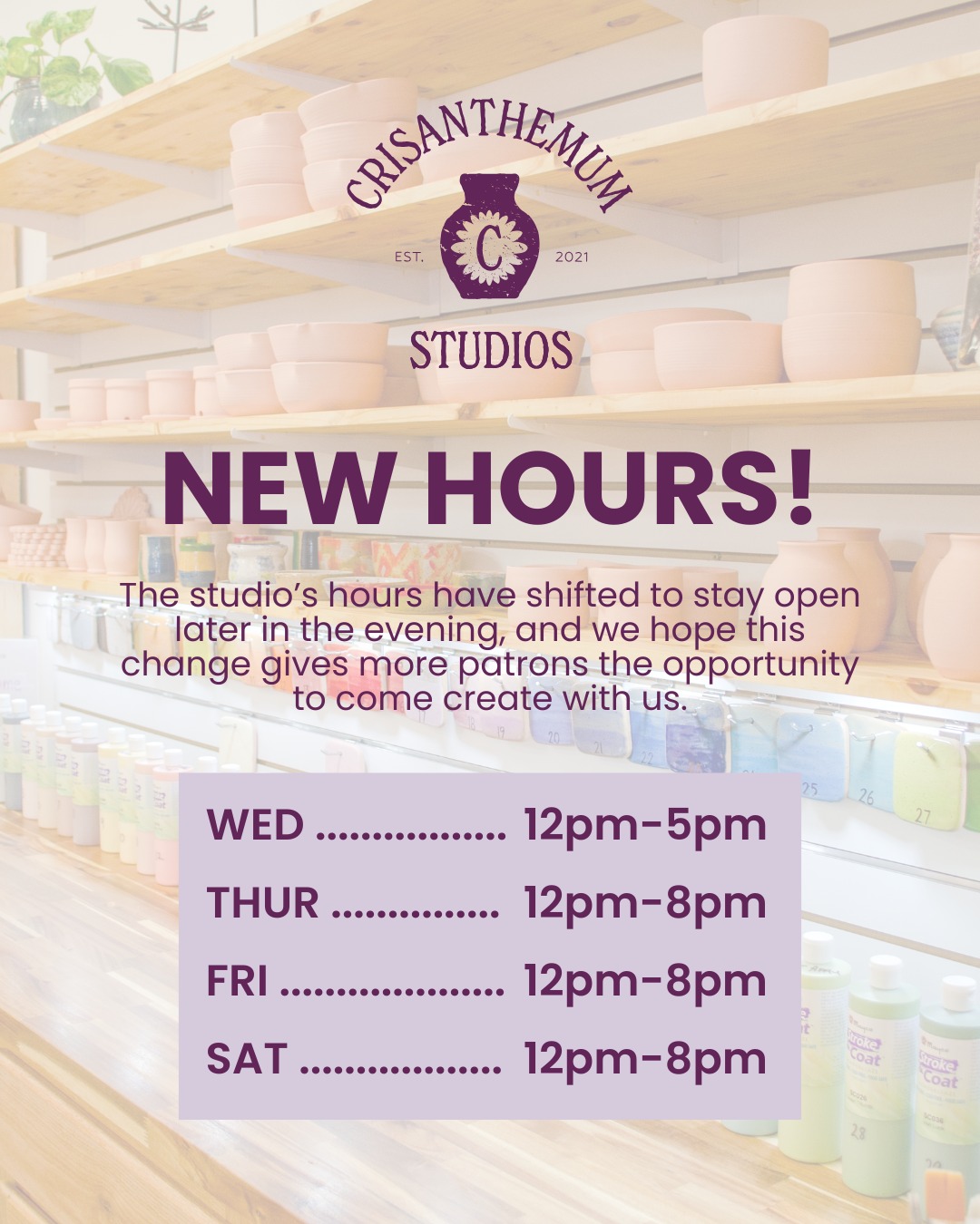 You asked—we listened! ✨ Thanks to your feedback, we’ve adjusted our hours and will now be open later in the evening. Whether you’re stopping by after work or planning a relaxed night of creativity, we hope this makes visiting the studio even easier.
Starting this week, our regular hours will be:
🗓️ Wednesday: 12–5 PM
🗓️ Thursday–Saturday: 12–8 PM
We can’t wait to see all your happy faces in the studio soon—thank you so much for your continued support! 💜🎨
#ImportantUpdate #PilotMountainNC #SupportSmall