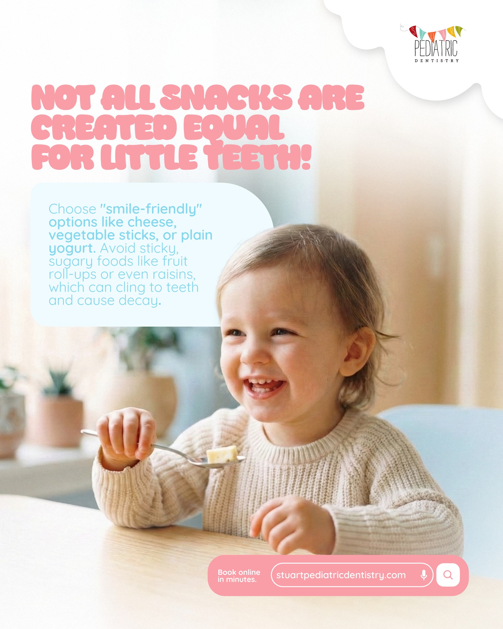 Here’s the key difference: it’s not only what your child eats—it’s what stays stuck on the teeth.
More smile-friendly: cheese, plain yogurt, veggies
More risky (because they cling): gummies, fruit roll-ups, raisins
No shame—just strategy: save sticky snacks for mealtimes, not all-day grazing.
#ToddlerSnacks #CavityPrevention #HealthyHabits #KidsNutrition #StuartParents
