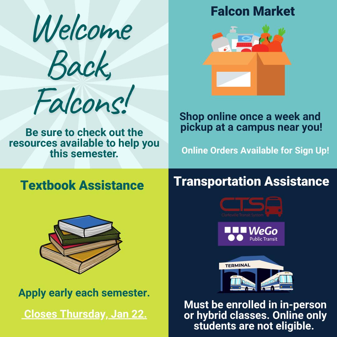 Welcome back, Falcons! Remember, we have resources here to support you:
š Textbook Assistance
Closes this Thursday, January 22nd.
Make sure to apply before the deadline, and remember to apply early each semester.
š Transportation Assistance
Now open! Bus passes are available.
Important: Only ināperson and hybrid students are eligible.
Onlineāonly students are no longer eligible.
A new application is required each semester.
š Falcon Market
Signups are open, and pickups start next week.
You can shop once per week!
Applications are available at the link in our bio.
Have a great semester!
#NashvilleState #NSCCFoundation #StudentResources