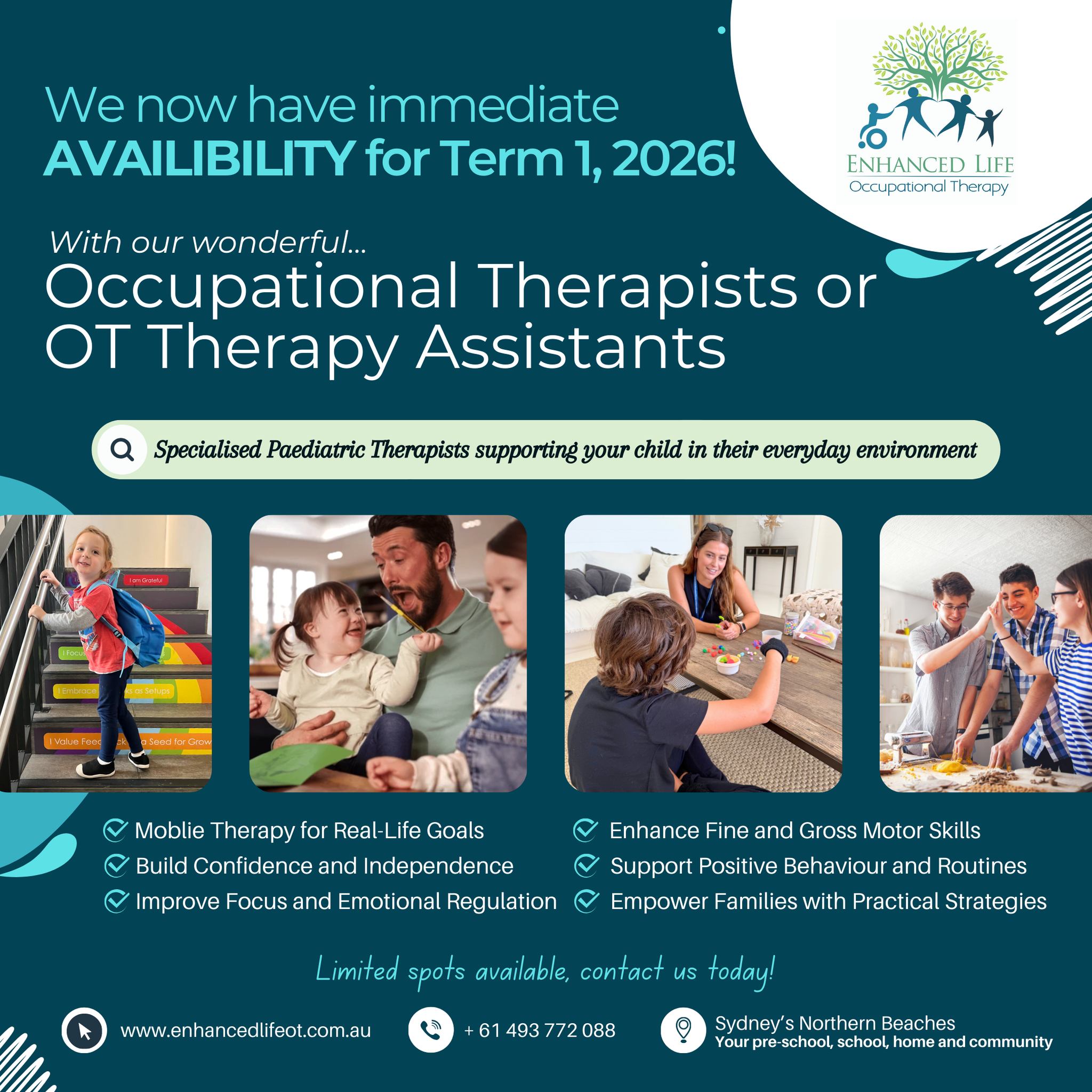 ✨ We have limited Occupational Therapy availability for Term 1, 2026! ✨
Our passionate team at Enhanced Life Occupational Therapy support children to:
💙 Build confidence and independence
🌿 Regulate emotions and improve focus
💪 Strengthen fine and gross motor skills
🧠 Develop positive behaviour and routines
👨👩👧 Empower families with practical strategies
We provide mobile therapy across Sydney’s Northern Beaches, helping children thrive at home, school, and in the community.
Spots are limited — call us or fill in our enquiry form today!
📞 0493 772 088
🌐 www.enhancedlifeot.com.au/contact-us
#EnhancedLifeOT #PaediatricOT #TherapyAssistant #OTForKids #ChildTherapy #NorthernBeachesMums #BuildingIndependence #FamilyCentredCare #EarlyIntervention #NDIS