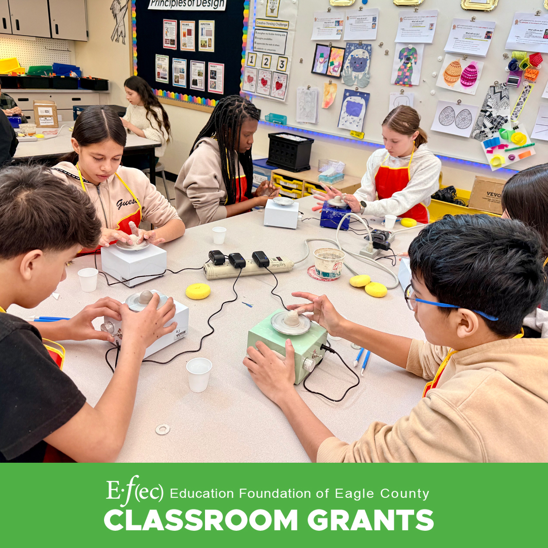 Congratulations to Suzanne Michlitsch, Art Teacher at Homestake Peaks School, for receiving an EFEC Classroom Grant for a new kiln for their art department!
"Thank you so much for supporting our ceramics program through this grant. The new kiln will be making a huge impact on what our students are able to create.
Pictured are our 7th and 8th graders learning to throw on mini pottery wheels — an experience that simply wouldn’t be possible without your generosity. Your support is giving students real studio experiences and building their confidence as artists. We are busy making lots of pieces that will be ready to fire when the kiln arrives at the end of February. Thank you again! " - Suzanne Michlitsch
A special thank you to our sponsors who have helped make so many of our classroom grants possible!
@vailmtn, @beavercreek, @vailhealth, @vvcthriftyshops, and The Zimmel Family Foundation.
EFEC | Be Part of the Solution
Helping @eagle.schools classrooms, one grant at a time.
@homestakepeak
