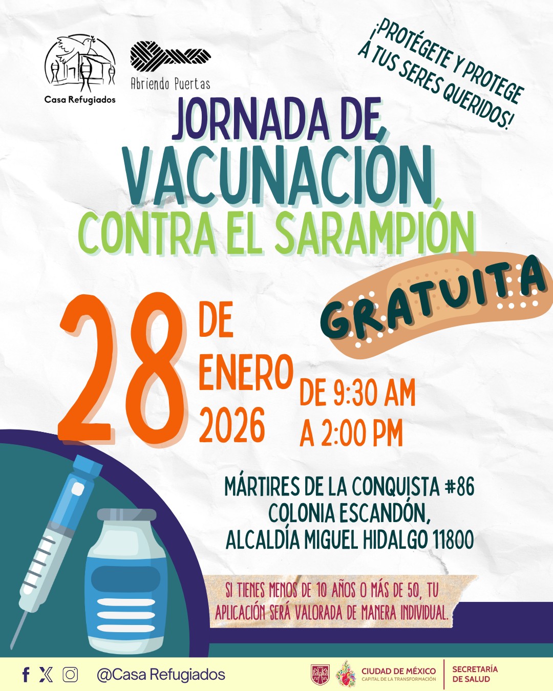 Te invitamos a participar en la jornada de vacunación contra el sarampión, como parte de las acciones de prevención y cuidado colectivo.
#CuidadoColectivo #solidaridadantelaincertidumbre