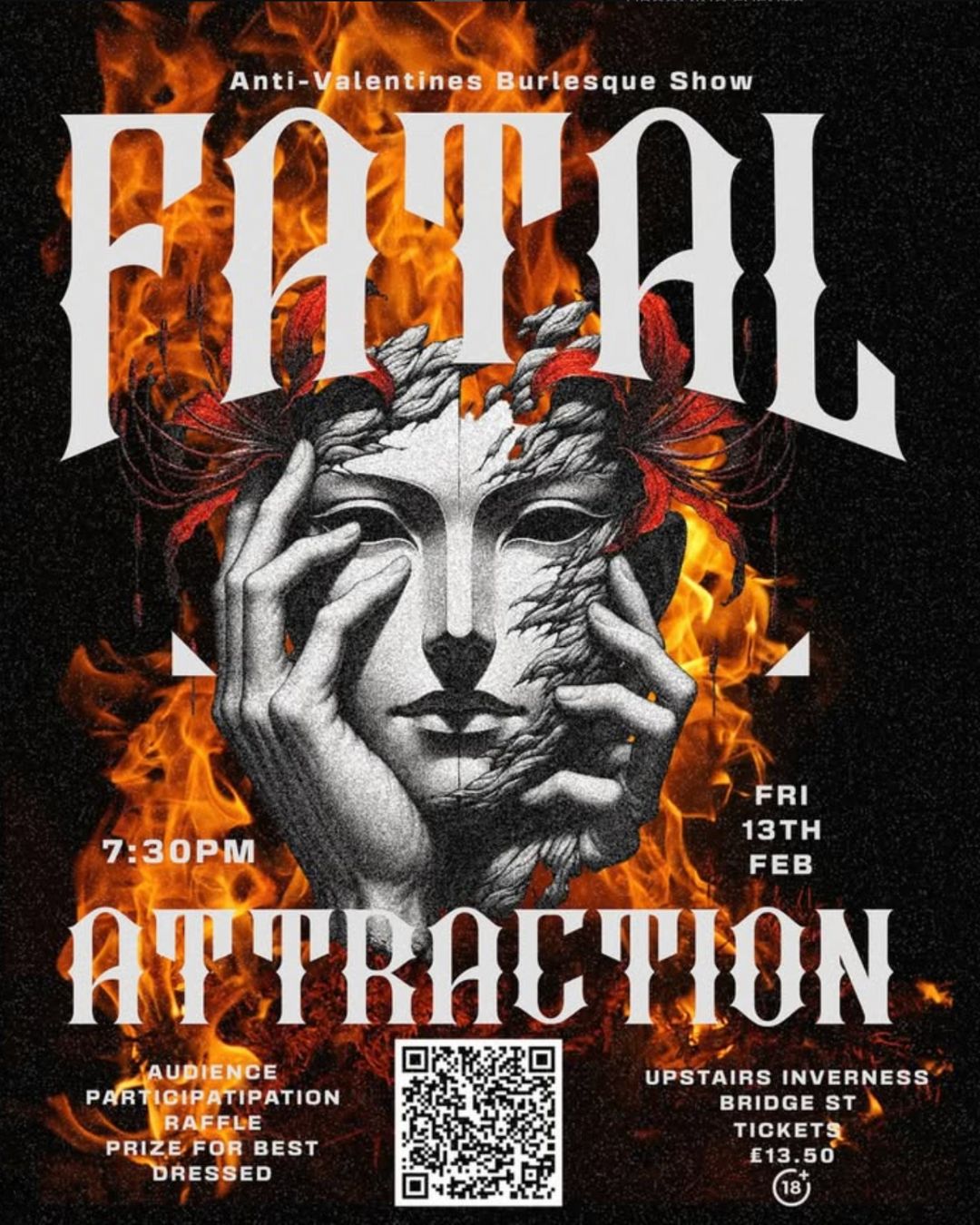 💔 FATAL ATTRACTION 💔
🔥 An Anti-Valentine’s Burlesque Spectacle 🔥
Love is a battlefield… and this Valentine’s, we’re burning it down.
Expect seduction, danger, dark glamour and deliciously bad decisions as Fatal Attraction takes over Upstairs for one night only.
✨ Sultry performances
🖤 Wicked humour
👑 Best Dressed prize
🎟 Raffle & audience participation
📅 Friday 13th February
🕖 Doors 7PM | Show 7:30PM
📍 Upstairs, Inverness
🎟 £13.50 | 🔞 18+
Dress to seduce… or destroy.
🎫 Tickets: https://tinyurl.com/burlesque-fatal-attraction