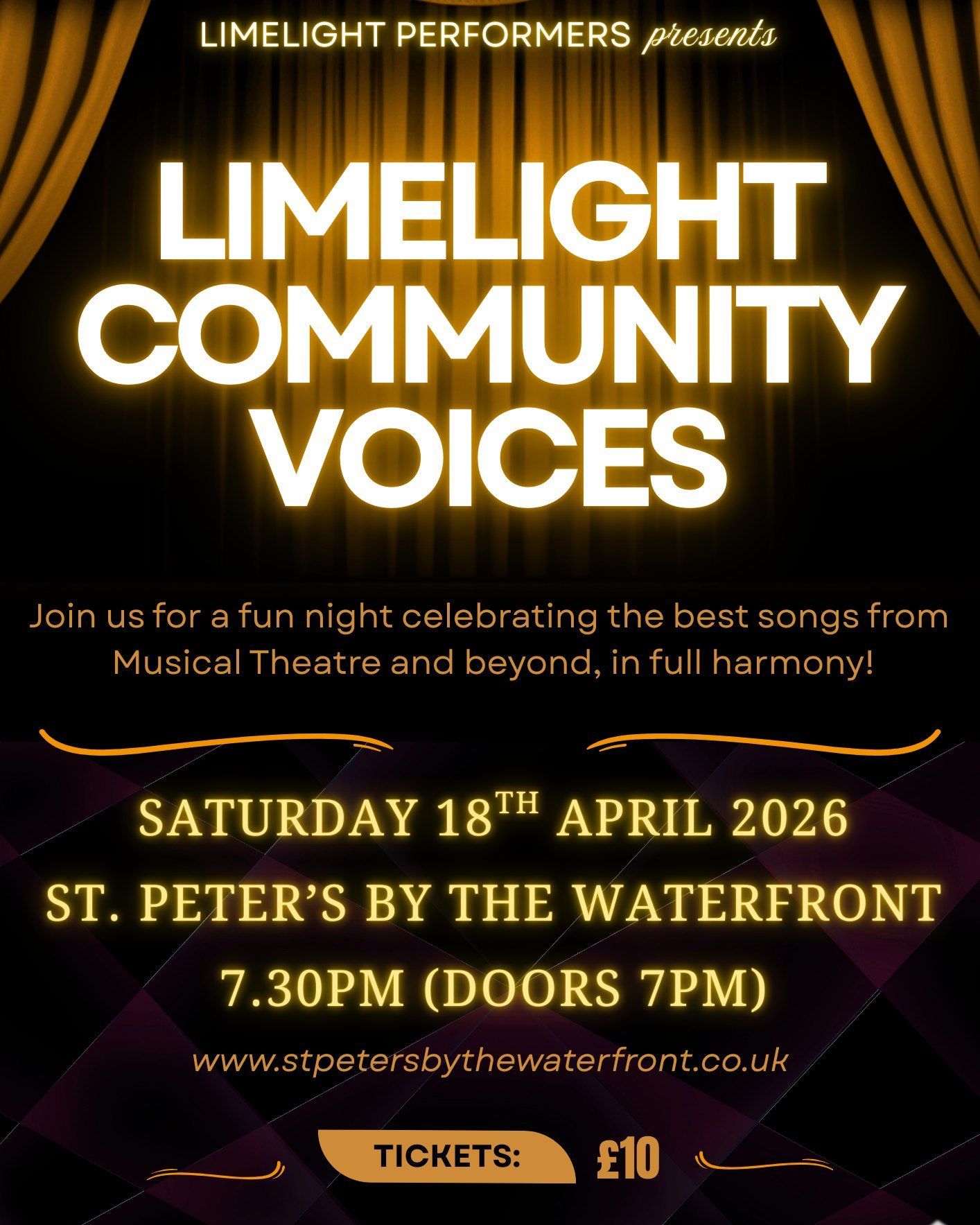 🎟️ TICKETS ON SALE NOW! 🎶
Get ready for an unforgettable evening with Limelight Community Voices at St Peter’s by the Waterfront! 🌟 Join us on 18th April 2026 at 7:30pm (doors open 7:00pm) for a fantastic performance filled with favourites from Aladdin, Grease, Oklahoma, Dear Evan Hansen, Jersey Boys, Sound of Music, Ain't Too Proud, High School Musical and lots more! 🎭✨
📍 Venue: St Peter’s by the Waterfront, Ipswich
🎟️ Tickets: £10 — on sale now!
Don’t miss this vibrant celebration of musical theatre and community voices — bring your friends and family along! 🎤💛
👉 Grab your tickets today: stpetersbythewaterfront.com/whats-on/limelight-community-voices
#LiveMusic #IpswichEvents #MusicalTheatre #LimelightCommunityVoices