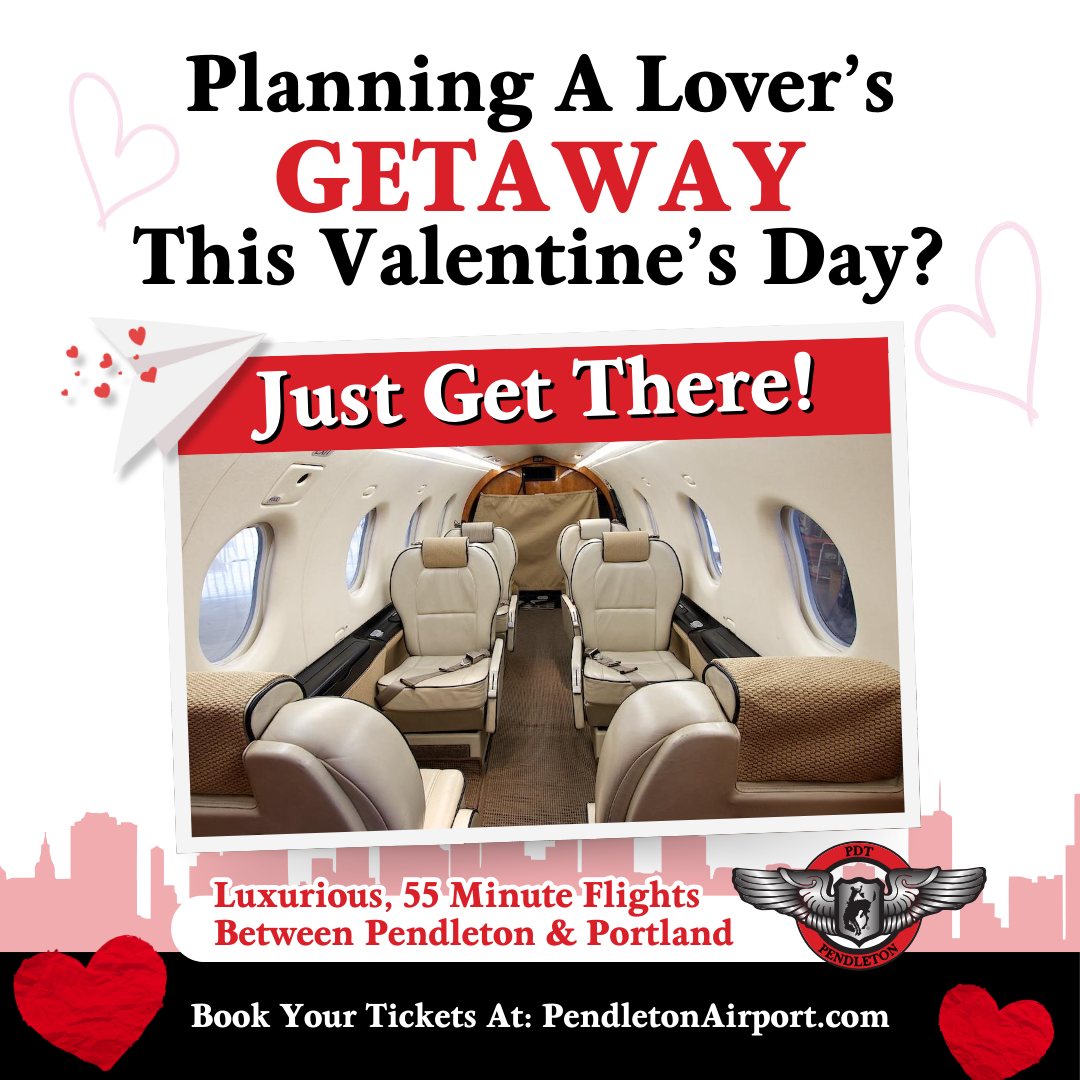 Roses are red. 💕
Highways are icy.
Book a flight from PDT and skip the drive entirely. ✈️
Plan a Valentine’s getaway that starts with safe, smooth skies and ends with more time together.
Just Get There! Book your tickets today by clicking the link in our bio.
.
.
#PendletonAirport #ValentinesDay #ValentinesTravel #SkipTheDrive #TravelSafe #PDT #PDX #Pendleton #Portland #Flying