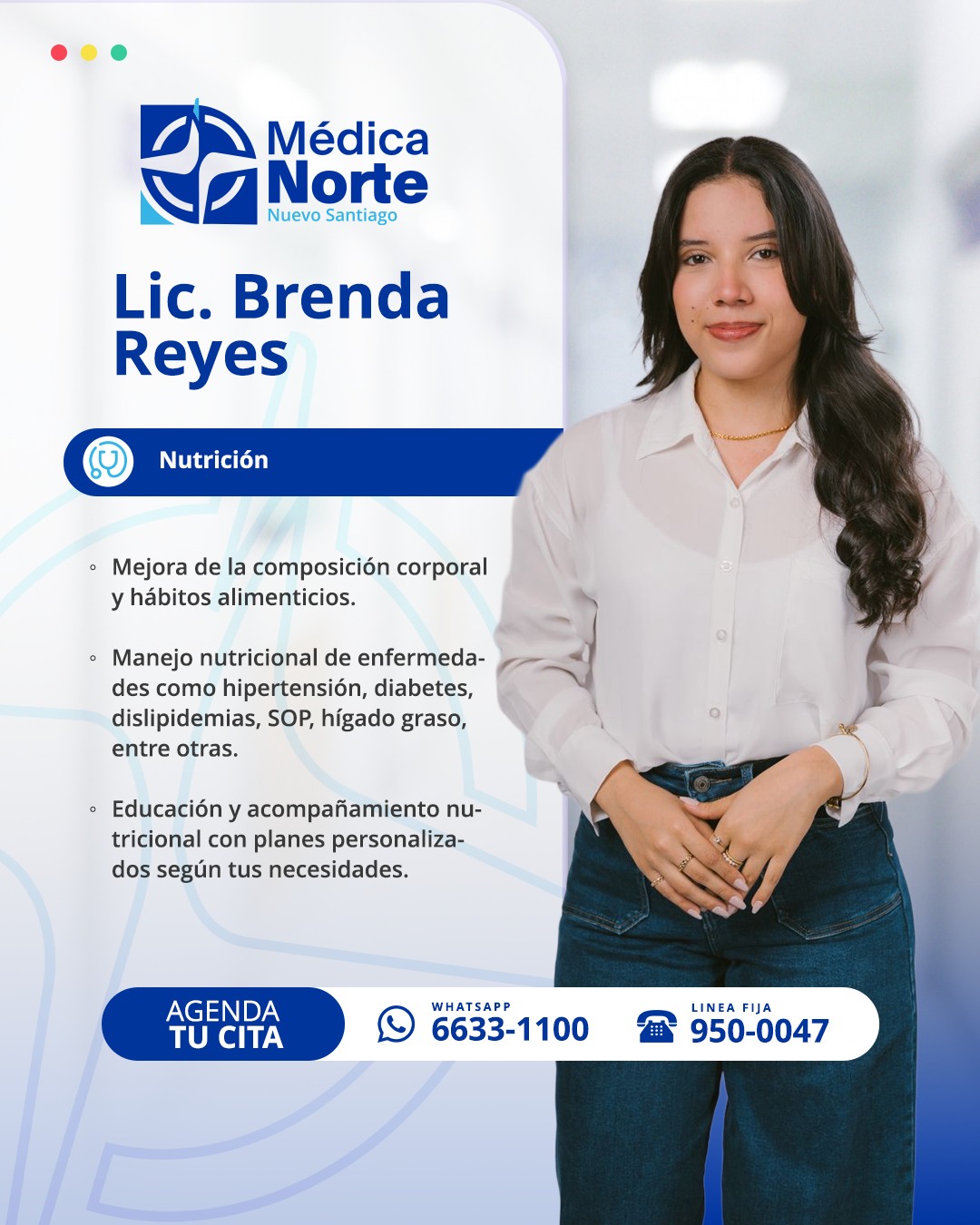 Tu salud comienza con decisiones bien guiadas.
En Médica Norte contamos con la atención de la Lic. Brenda Reyes, nutricionista, quien te acompaña con un enfoque profesional y personalizado para mejorar tu bienestar y calidad de vida.
Cada plan está pensado para adaptarse a ti, a tus objetivos y a tu estilo de vida, con acompañamiento cercano y orientación clara en cada etapa del proceso.
Da el paso hacia una mejor versión de ti con el respaldo de un equipo comprometido con tu salud.
📲 Agenda tu cita: 6633-1100
☎️ Línea fija: 950-0047
#MédicaNorte #Nutrición #VidaSaludable #SaludIntegral #Bienestar #NutriciónClínica