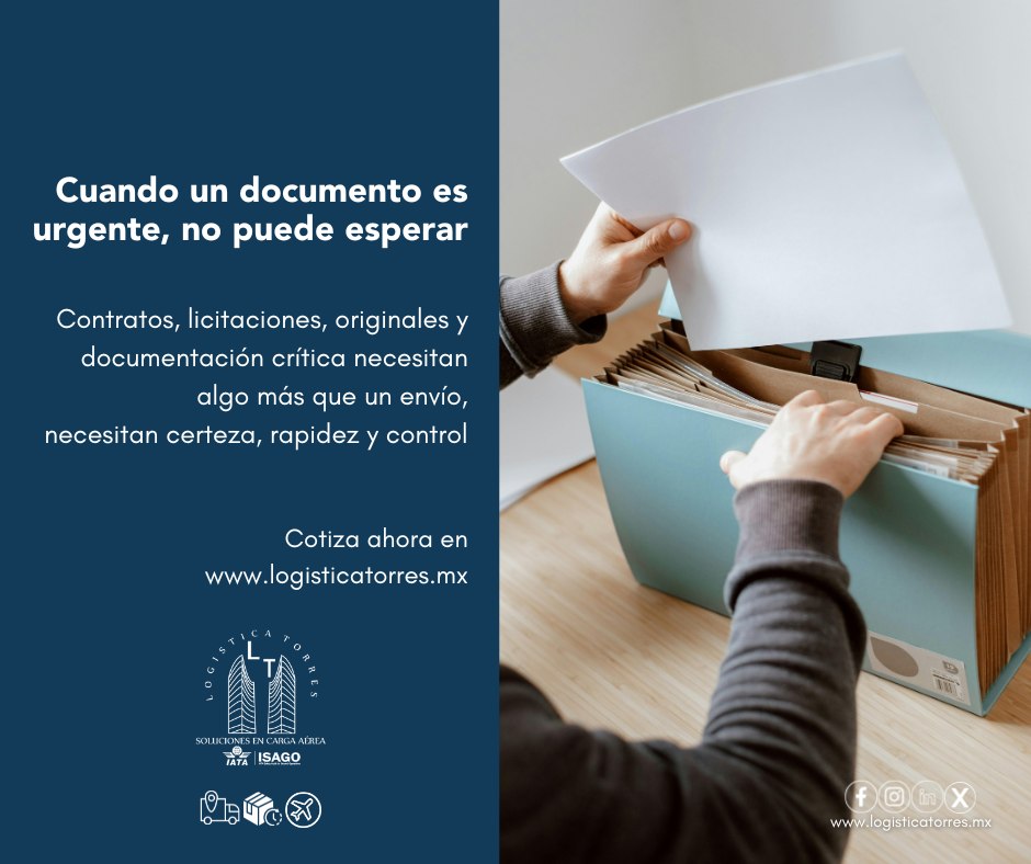 📄✈️ Cuando un documento es urgente, no puede esperar
Contratos, licitaciones, originales y documentación crítica necesitan algo más que un envío, necesitan certeza, rapidez y control.
En Logística Torres gestionamos el envío aéreo urgente de documentos con seguimiento puntual y manejo responsable, porque sabemos que un papel a tiempo puede cambiarlo todo.
✈️ Envíos aéreos urgentes
📄 Manejo confidencial
⏱️ Tiempos de respuesta inmediatos
📲 Contáctanos y mueve lo importante sin margen de error.
✈️ Logística Torres. Cuando el tiempo manda.
#EnvíoDeDocumentos #Urgente #CargaAérea #LogísticaProfesional #SolucionesLogísticas #TiempoCrítico #AliadoEstratégico #tucargasegura #tucargasegurayatiempo #logistica #volariscargo #logisticaytransporte #SomosLogisticaTorres #enviosnacionales