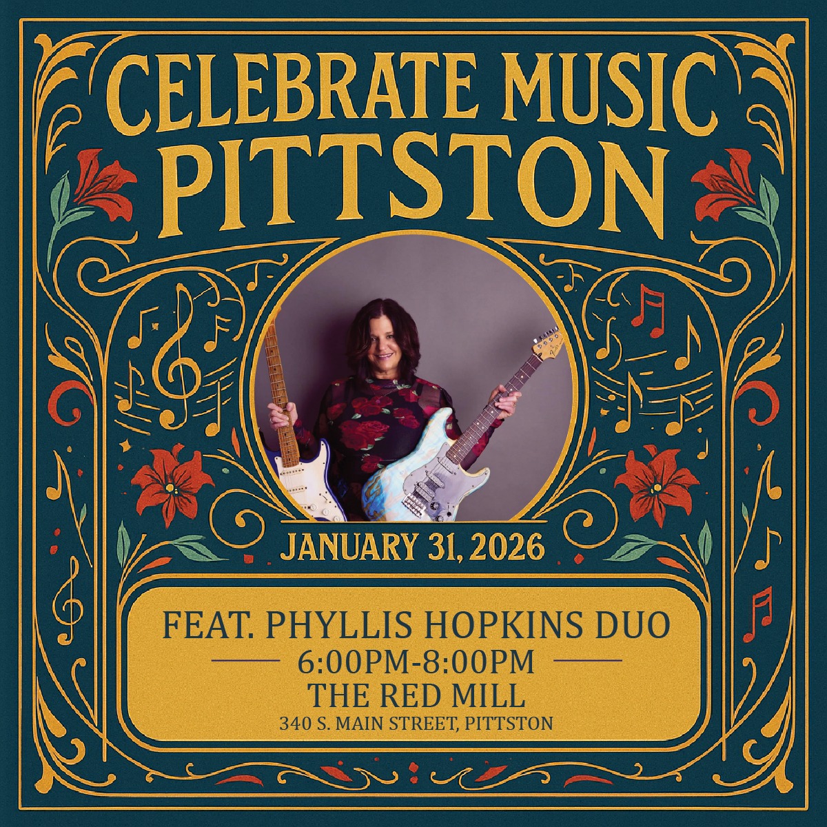 Blues & soul on South Main! Catch Phyllis Hopkins Duo 8–10 PM at The Red Mill during Celebrate Music Pittston happening January 31st!
