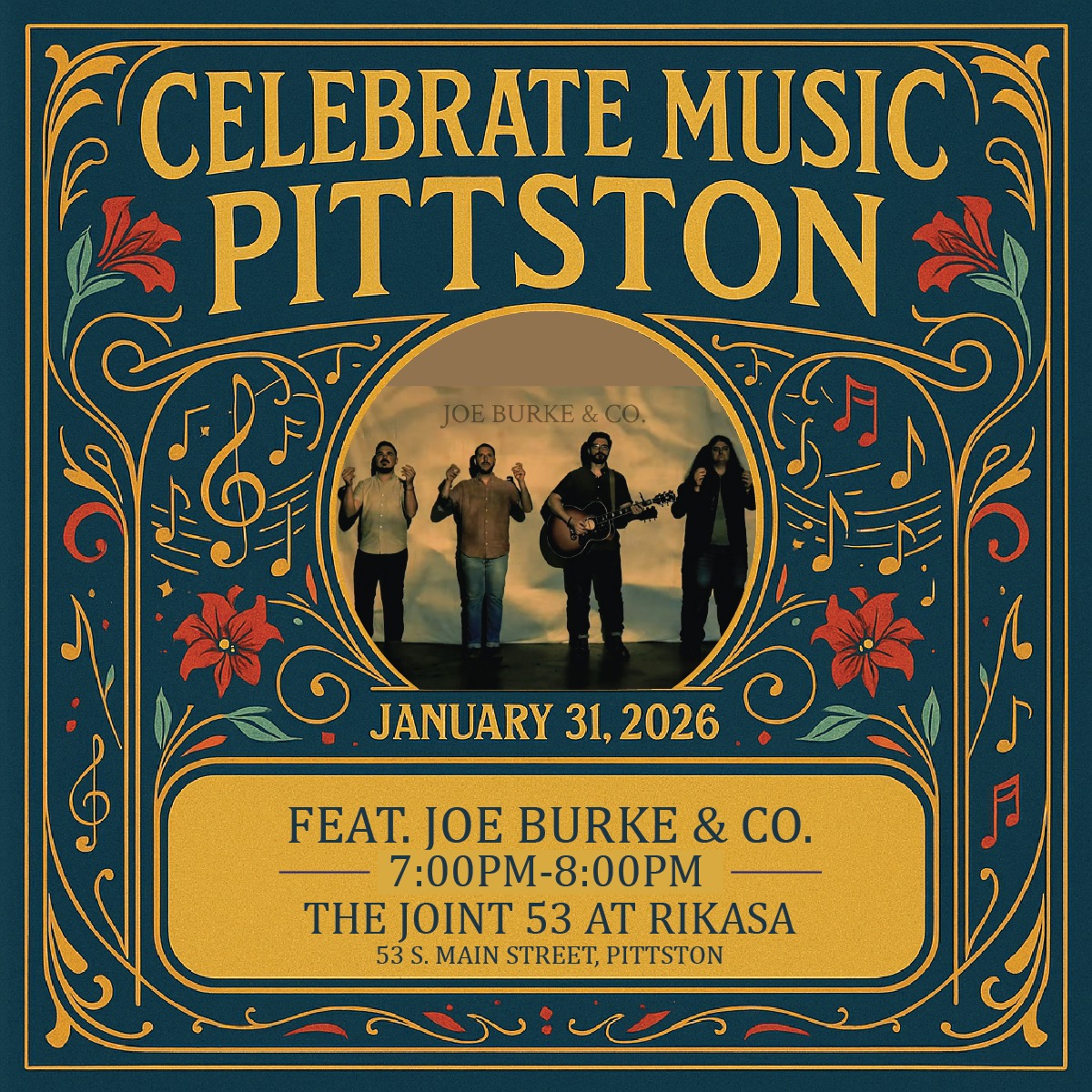 Fine dining and folk favorites — Joe Burke & Co, Rosary Guild perform 7–9 PM on January 31st at @rikasaonmain !