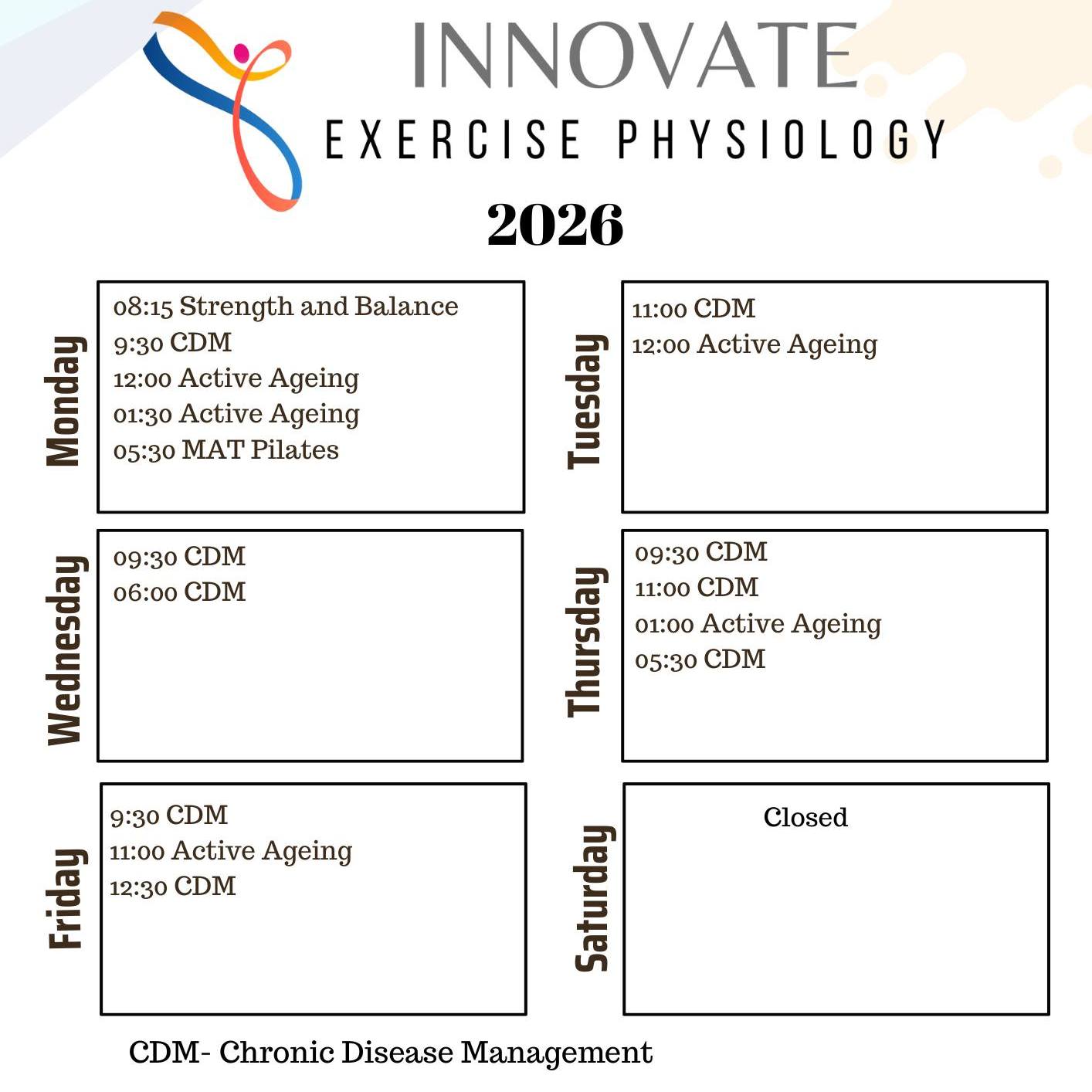 2026 Class Timetable Now Open
Ready to move better, feel stronger, and build healthy habits in 2026?
Our Exercise Physiology–led group classes are designed to support you at every stage, whether you’re managing a chronic condition, returning to exercise, or simply wanting structured, supportive training.
Our classes focus on:
• Strength & balance
• Chronic disease management (including diabetes)
• Injury prevention & rehabilitation
• Safe, progressive exercise in a small group setting
• Expert supervision by Accredited Exercise Physiologists
Class times for 2026 are shown above
(Spots are limited and many sessions fill quickly.)
✔ Small groups
✔ Individualised progressions
✔ Suitable for beginners through to experienced movers
✔ Private health, Medicare EPC, DVA & NDIS clients welcome
Enquiries & bookings via our website or by contacting the clinic directly
Let 2026 be the year you prioritise your health, one session at a time.