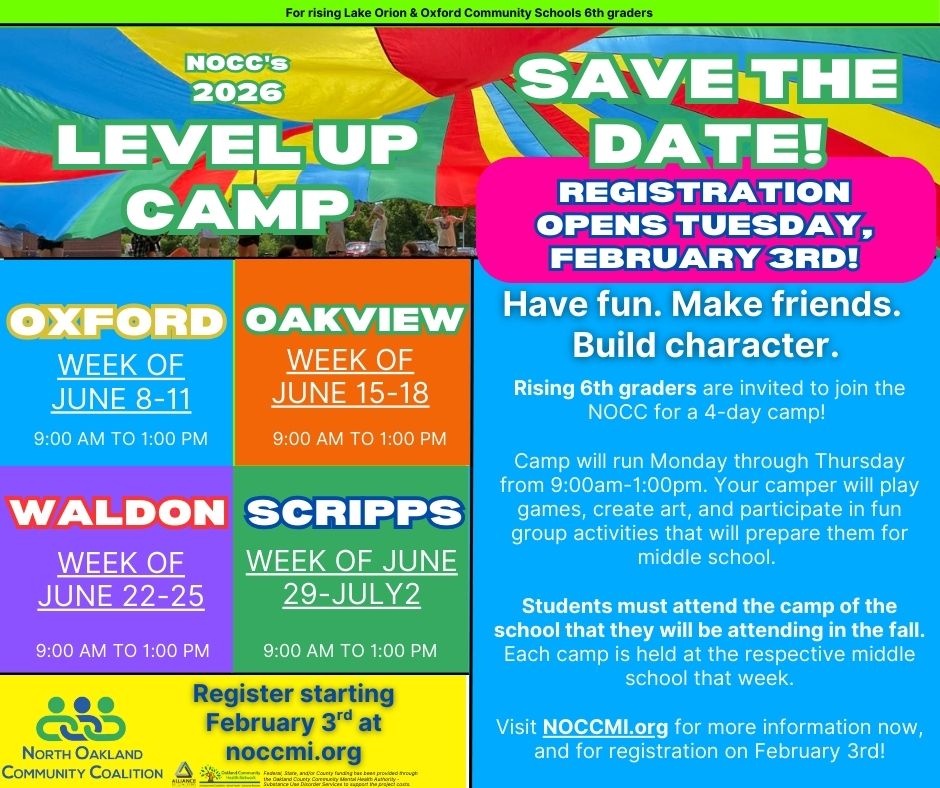 We are only ONE WEEK away from Level Up Camp registration!
Visit https://www.noccmi.org/ on Tuesday, February 3rd, to register your rising 6th grader for Level Up Camp! Students must attend the camp of the school they will be attending in the fall. Get ready for a week of fun, friendship, and feeling ready for middle school!