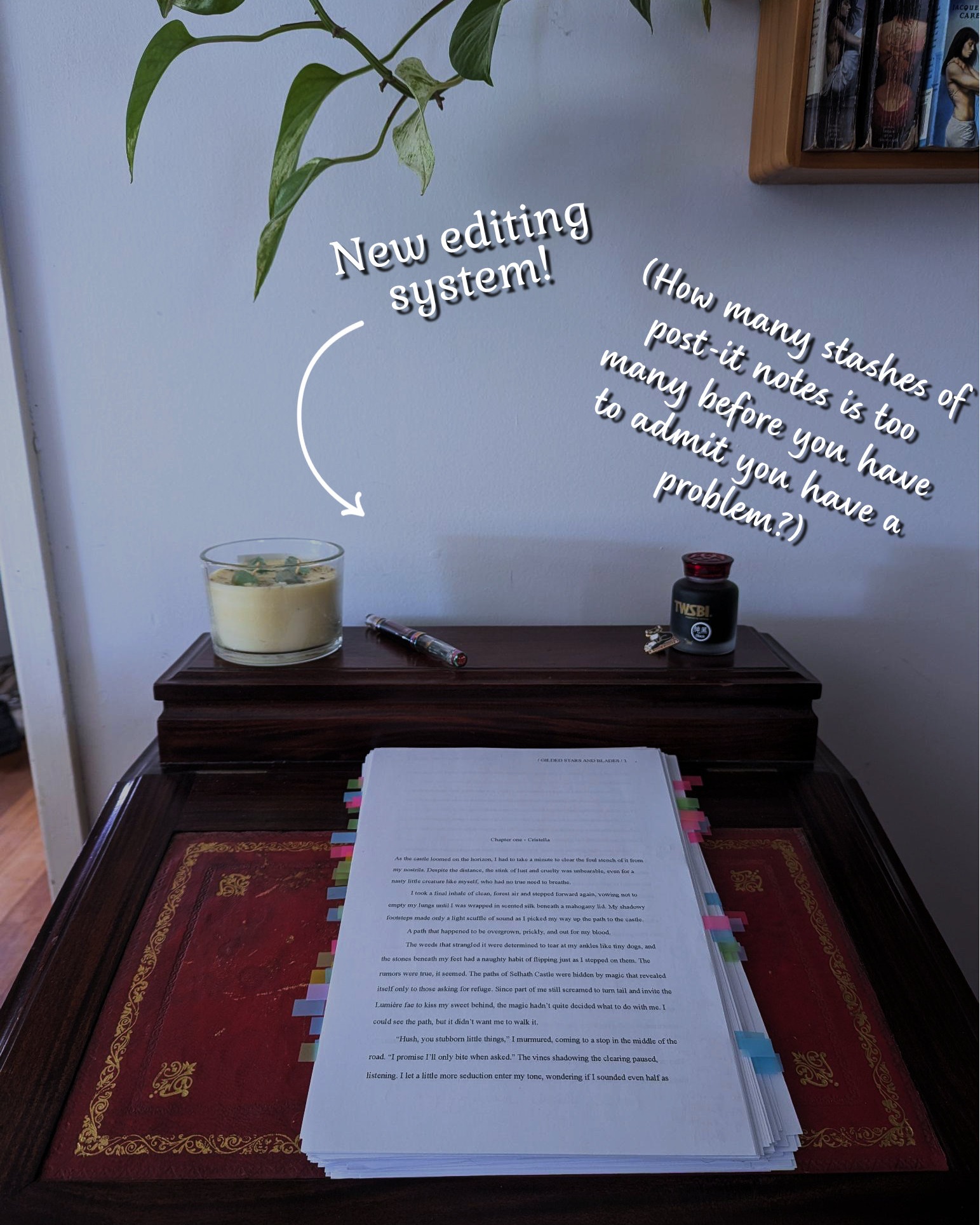 If I give myself an A+ in the top corner does the dopamine hit still count?
(...What's this project you ask? A little extra Lumiรจre novel, set 100 years before Held in Moonlight's Favor and featuring a dramatic, campy vampire named Cristella and a brooding fae control freak named Farrath ๐ฅฐ)