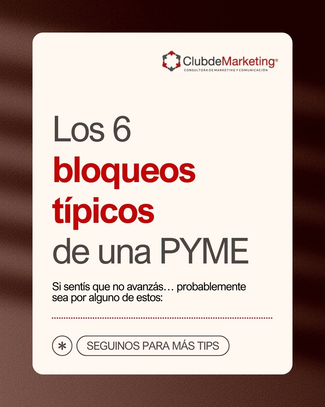 Muchas PYMEs enfrentan límites de crecimiento que no están relacionados con el producto ni con el esfuerzo,
sino con decisiones estratégicas que se postergan o se toman sin información.
La falta de foco, la resistencia al cambio, la subinversión y una mirada táctica del marketing
terminan generando estancamiento.
Nuestro trabajo es identificar esos bloqueos, ordenarlos y convertirlos en un plan de acción claro y ejecutable.
Si reconocés alguno de estos puntos en tu empresa, todavía estás a tiempo de corregir el rumbo.
📲 Escribinos por mensaje directo
👉 Más info en www.e-clubdemarketing.com.ar
#PYMES #Estrategia #MarketingEstrategico #CrecimientoEmpresarial #TomaDeDecisiones #ClubDeMarketing