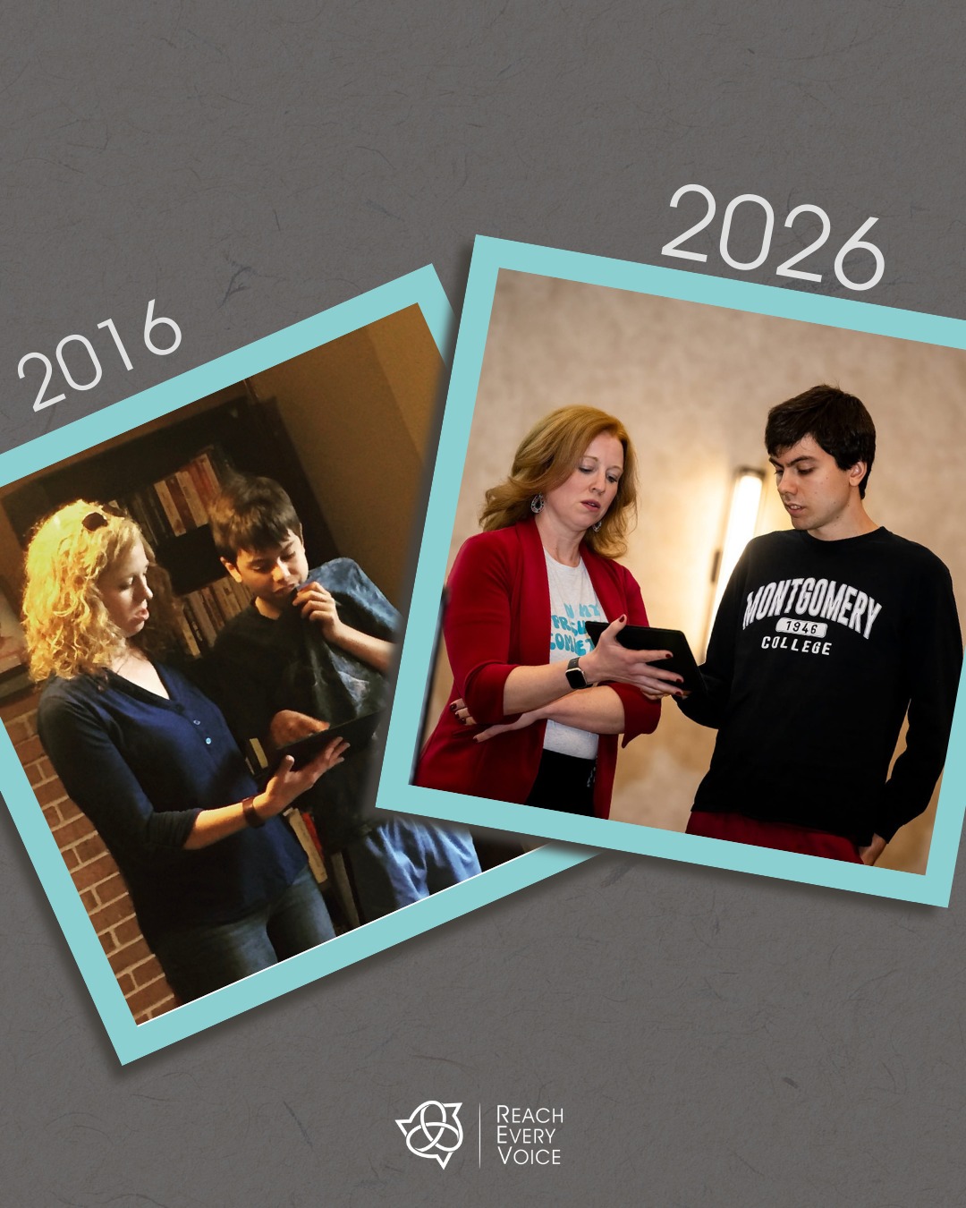 2016 → 2026
When you lead with respect and belief in competence, people grow.
Sometimes literally.
#PresumeCompetence
#CommunicationIsAHumanRight
#2016to2026
image id: Two side-by-side photos labeled 2016 and 2026. In both images, Lisa and Ethan stand together looking at a communication device. In the later photo, Ethan is noticeably taller. The images highlight a long-standing relationship centered on communication access and mutual respect.