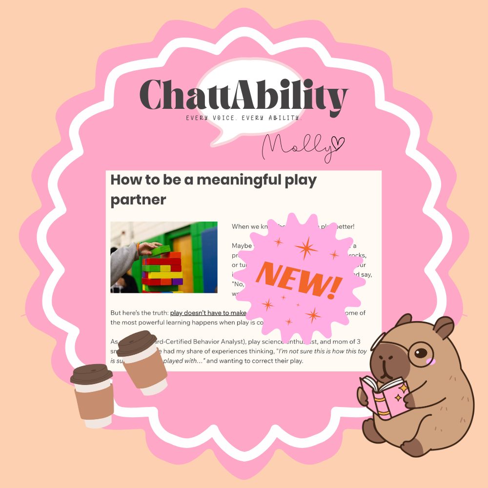 ✨ Play doesn’t have to make sense to be meaningful. ✨
Learn how to shift away from rigid, “functional” play and step into neuro-affirming, child-led interactions—without losing sight of meaningful skill building. This post explores how connection, curiosity, and following a child’s lead can support communication, confidence, and growth.
#playbasedlearning #neurodiversity #NeuroAffirming #momlife #inclusionmatters #chattability #parenting #playideasforkids #communication #aba #earlychildhoodeducation #blog