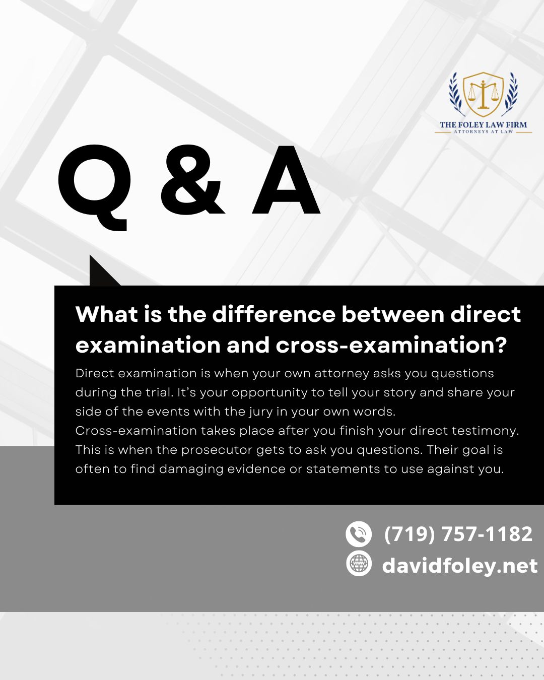 Direct vs. Cross-Examination: What’s the difference? 🏛️
Understanding how a trial works is a very important step to a strong defense.
Because these two styles of questioning are so different, we spend a significant amount of time preparing you for both before you ever step foot on the witness stand. We make sure you know what to expect so you can stay focused and confident.
If you need a team that prepares you for every angle of a trial, contact The Foley Law Firm today. All our information is in the bio!
#TheFoleyLawFirm #coloradosprings #DefenseAttorney #defenselawyer #lawyer #CriminalDefense