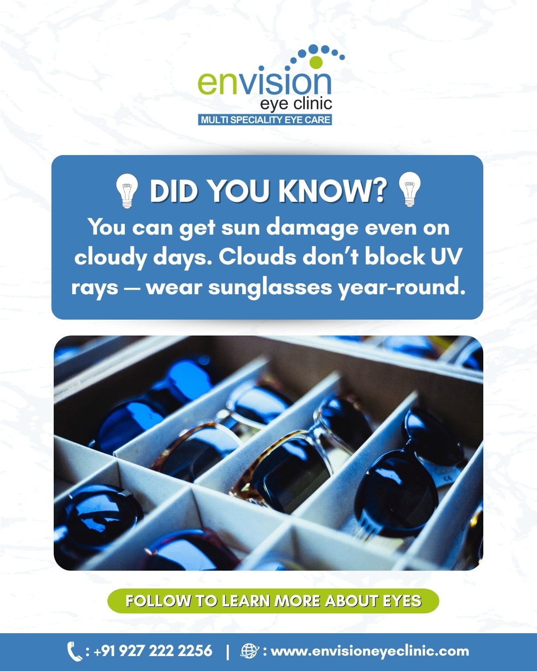 Cloudy day or sunny sky ☁️☀️
UV rays don’t take a break — protect your eyes with sunglasses all year round 😎👁️
#DidYouKnow #EyeCareTips #UVProtection #EyeHealth #HealthyEyes #VisionCare #SunSafety #EyeAwareness #Ophthalmology #Optometry #EnvisionEyeClinic #ProtectYourEyes #ClearVision #PuneEyeCare #EyeCareAwareness