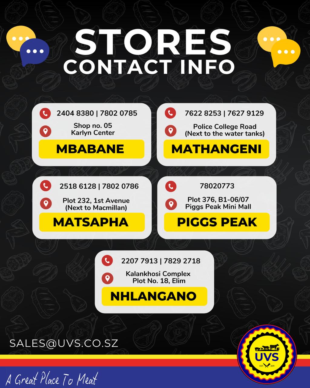 📞 UPDATED UVS STORES CONTACT DETAILS📍
All our latest stores contacts in one place for your convenience. Save it, share it, and stay connected with Umbuluzi Valley Sales
#UVS #UVSStores #ContactDetails #AGreatPlaceToMeat