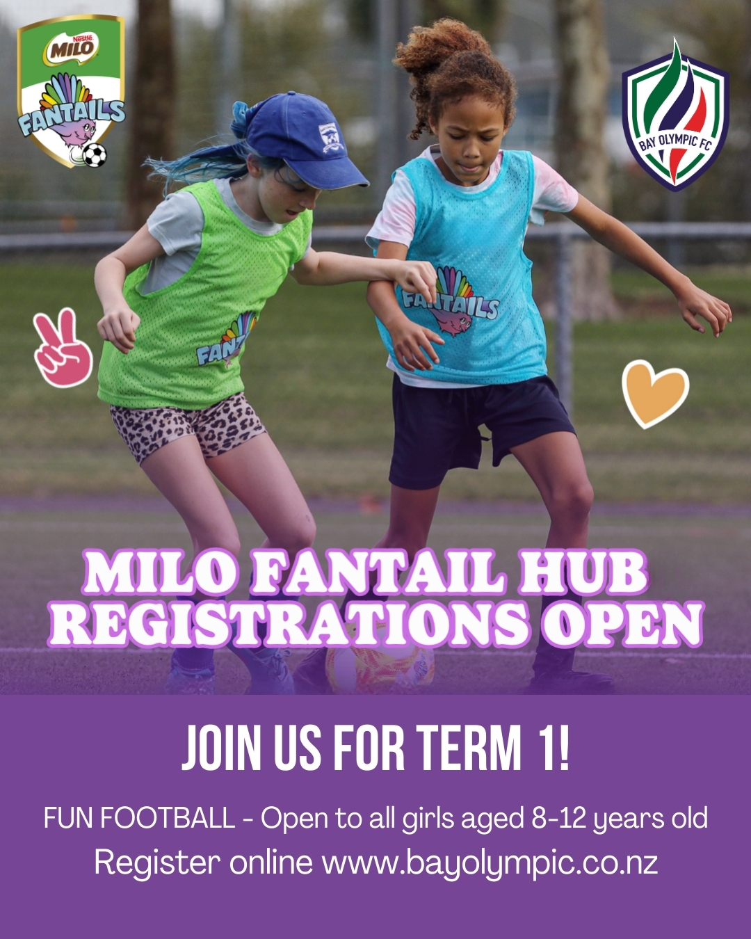 Join our MILO Fantails programme. Open to all girls aged 8-12 years old, to introduce them to the beautiful game through sessions focused on helping girls make friends, having fun, improving their skills and being active through football.
WHEN: Monday 16 February through 30 March 2026
U9/U10 4.30pm – 5.15pm
U11/U12 4.30pm – 5.15pm
Capped at 24 per session
WHERE: Crum Park Turf, Hilling Street, Green Bay
COST: Term 1 $35
Register online:
https://www.bayolympic.co.nz/register-for-skills-centre