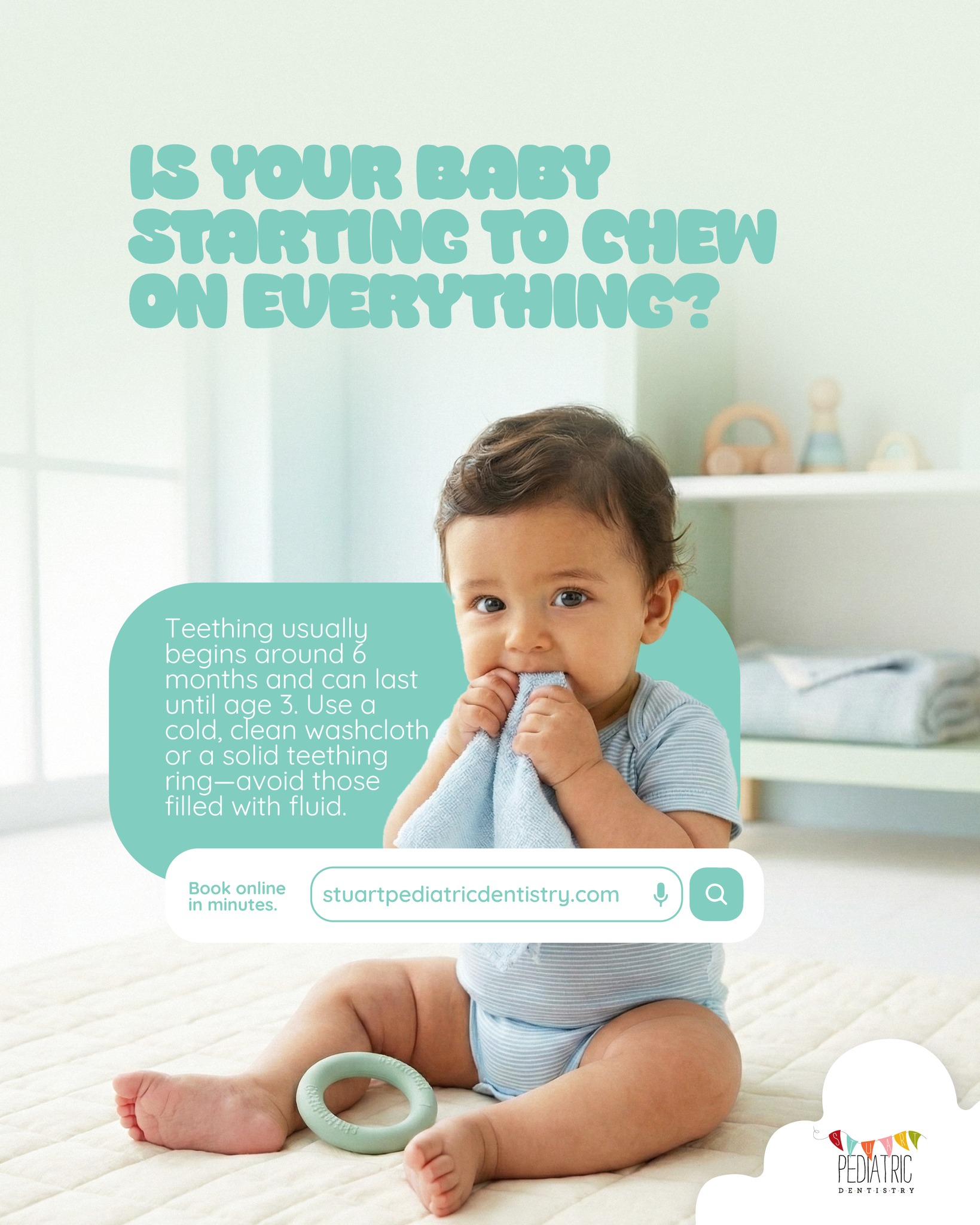Chewing is often normal teething behavior—and it can come and go over months. The goal isn’t to stop it. It’s to keep it safe and reduce gum irritation without risky products.
Quick safe defaults:
✔️ cold washcloth / chilled teether
✔️ solid, one-piece teething ring
✖️ avoid teethers filled with fluid (they can leak or break)
#TeethingBaby #InfantOralHealth #NewParents #StuartMoms #PalmCityParents #BabyTeeth