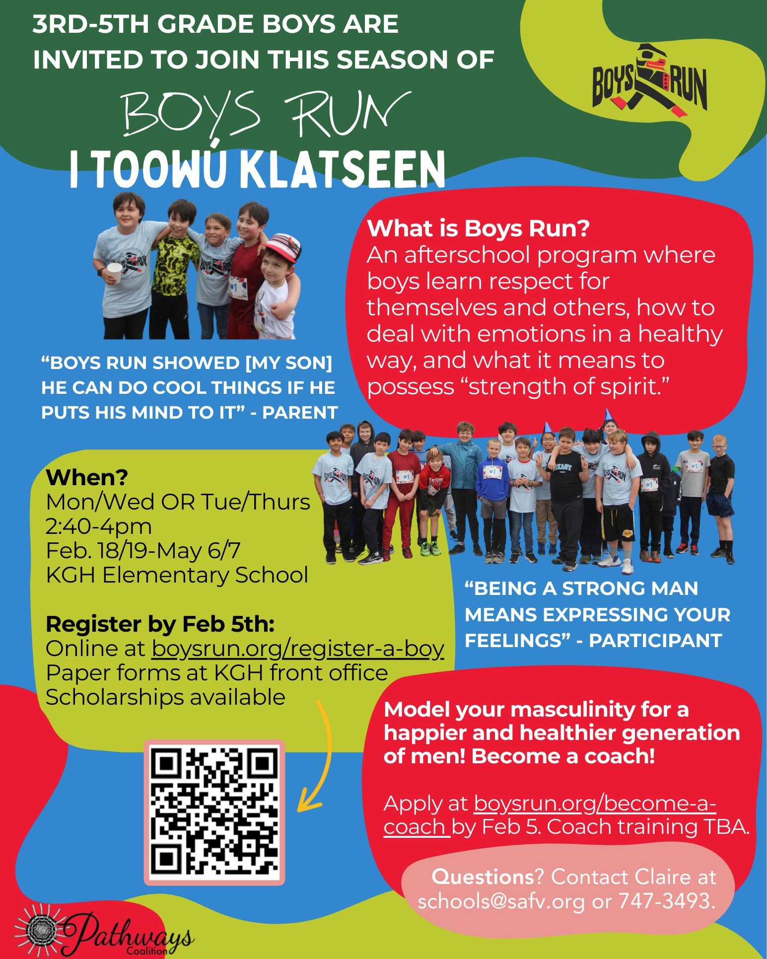 📣 Applications are now OPEN!
Boys Run I Toowu Klatseen is welcoming 3rd–5th grade boys for an afterschool program focused on confidence, emotional growth, and strength of spirit. They are especially looking for passionate male coaches who want to make a positive impact.
📅 Register by Feb. 5 — see flyer for details!