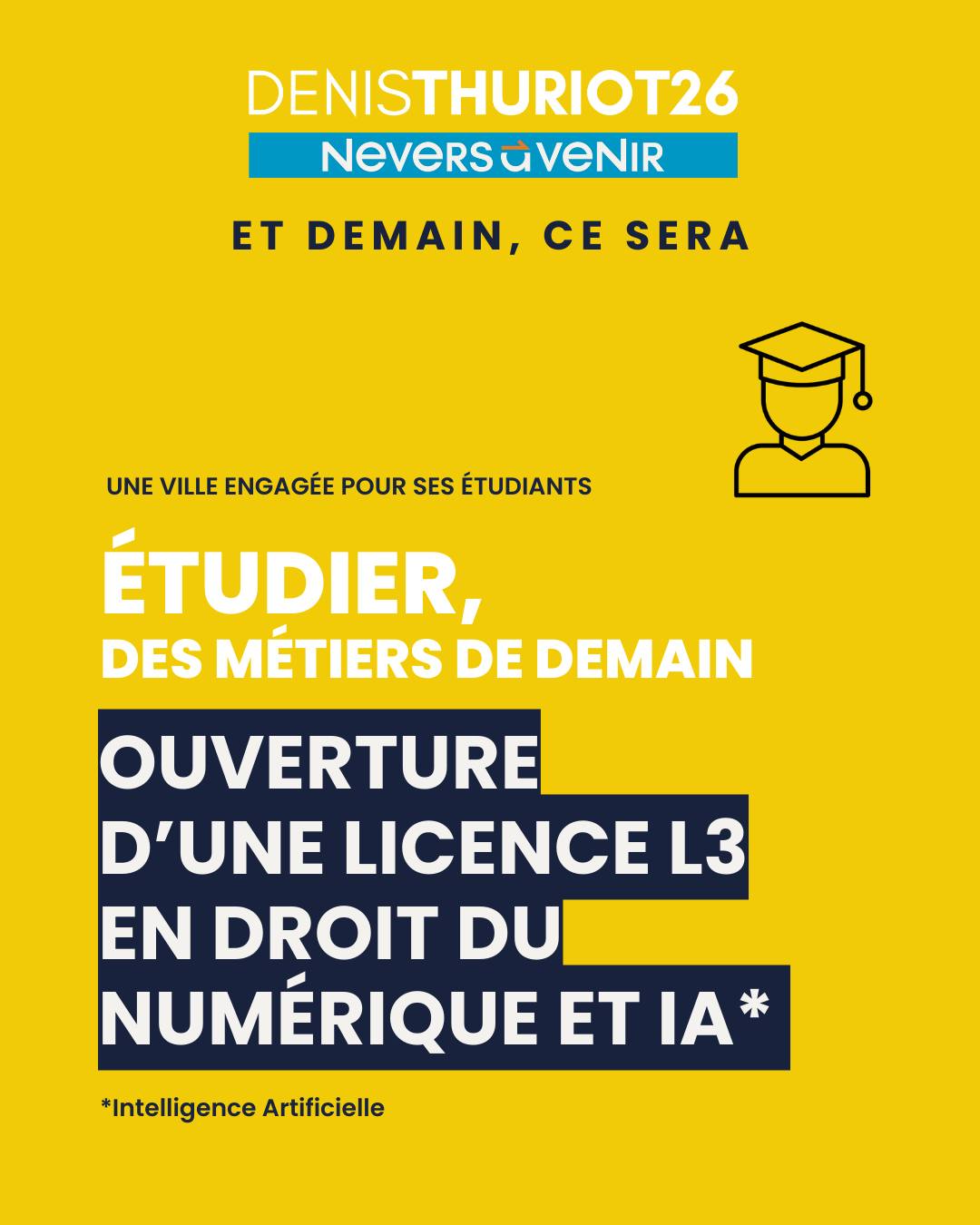 🔎🎓 Et demain… nous contribuerons notamment à l’ouverture d’un Master en orthophonie, et une licence L3 en alternance, en droit du numérique et intelligence artificielle, une première en France !
Nevers à Venir poursuit son engagement en proposant des formations variées et innovantes, adaptées pour accompagner et orienter la jeunesse de son territoire et d’ailleurs vers les métiers de demain.
#neversavenir #denisthuriot26 #etudiants