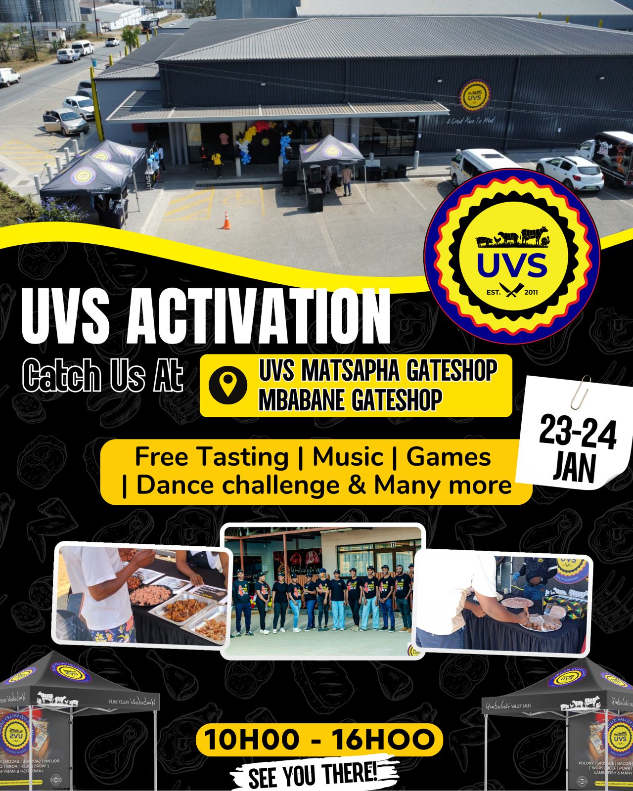 🎉🔥 UVS ACTIVATION IS HERE🔥🎉
Catch us at Matsapha & Mbabane Gateshop on 23–24 January from 10h00–16h00 for FREE tastings, great music, games, and a fun dance challenge 💃🏽🎶
Come vibe with us — it’s A Great Place To Meat!
#UVS #MeatMadness
#Supportlocal #AGreatPlaceToMeat #UVSActivation