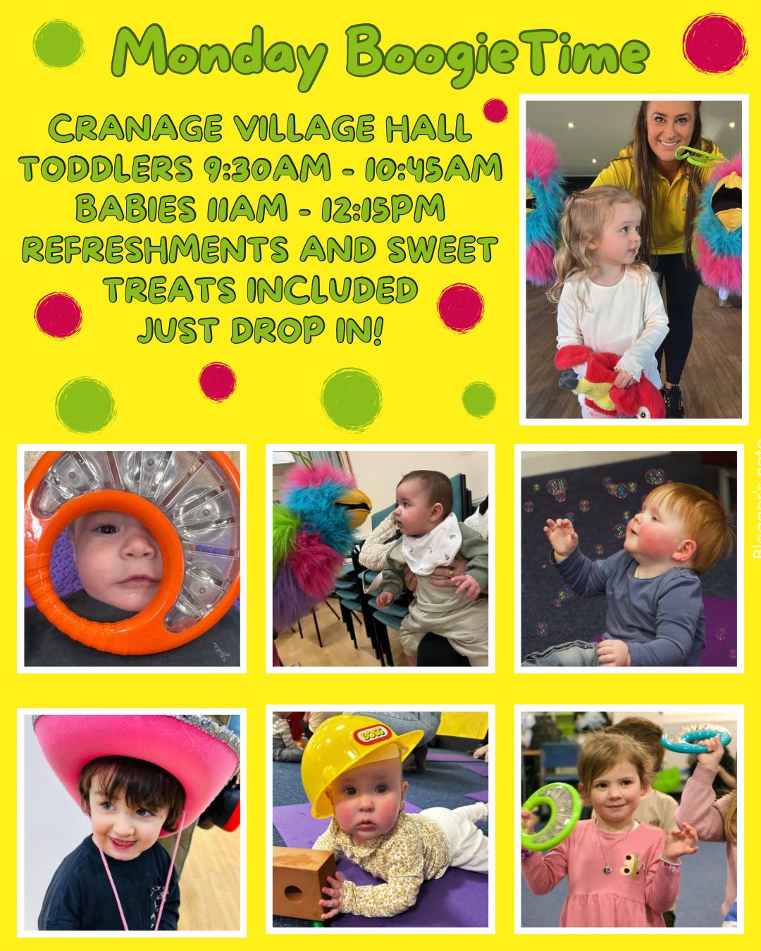 Join us this morning (26th January) at Cranage Village Hall for a Boogietime Session!
Just drop in to any of the following sessions:
Toddlers 9:30am - 10:45am
Babies 11am - 12:15pm
Refreshments and sweet treats are served at the start of each session.
£7.50 and additional siblings are an extra £1.
We will see you soon!