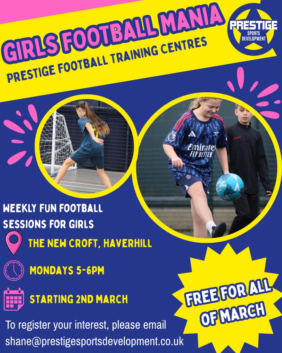 โฝ๏ธ Weekly Girls Football Fun in Haverhill! โฝ๏ธ
We are super excited to announce our new Girls Football Mania on Mondays 5-6pm. Pressure free footy fun with our team of Prestige Sports coaches, lead by Female Womanโs coach, Shane Lebbon.
For 4-11 year olds.
We are offering the whole of March for FREE. Come try out the Football Mania, any players of any ability!
To register your interest: Email us:
Shane@prestigesportsdevelopment.co.uk
www.prestigesportsdevelopment.com
๐ตโฝ๏ธ๐ก