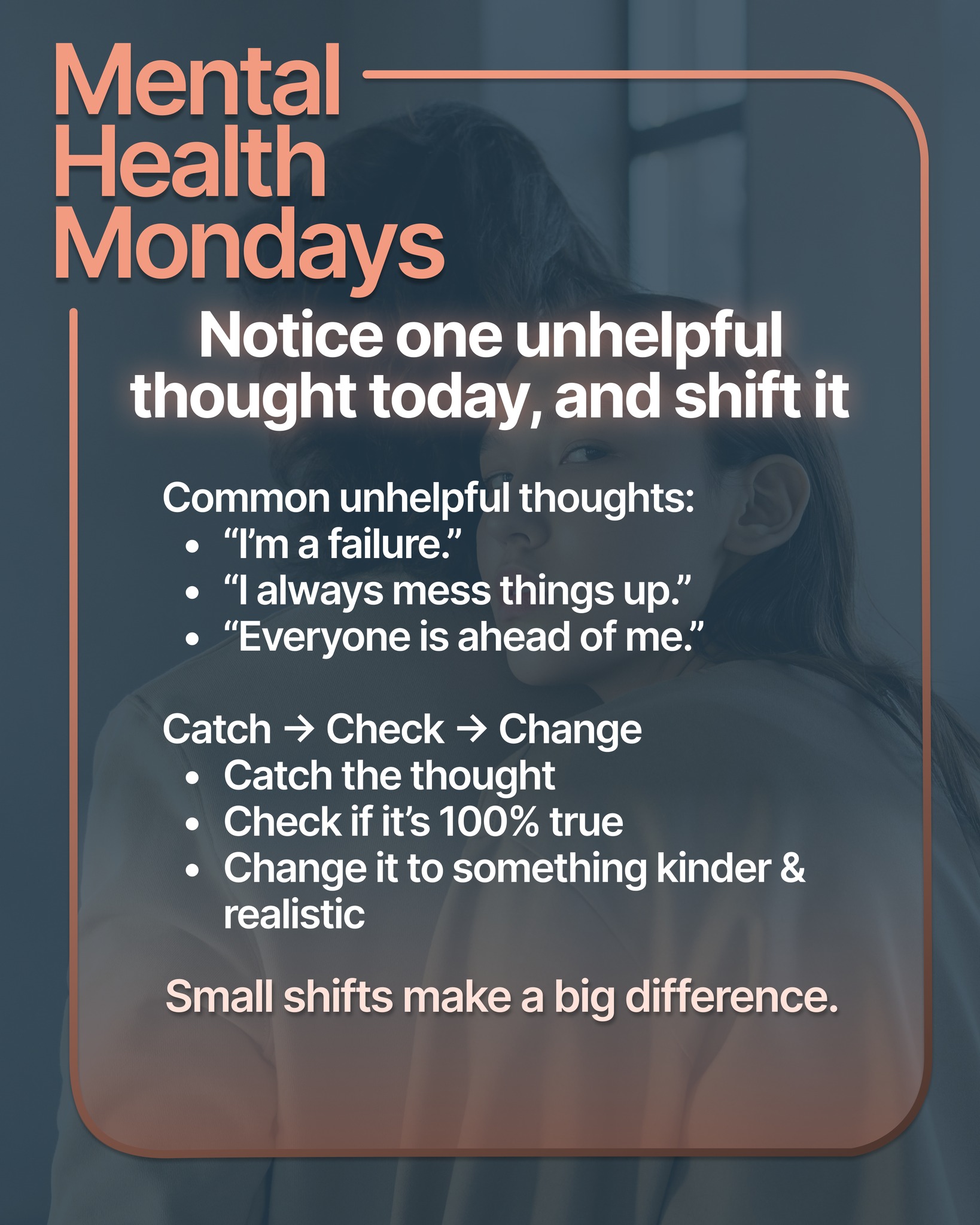 Shift one unhelpful thought today. Small changes add up.
#MentalHealthMonday #SelfTalk #MentalHealth #VMAPsych #TorontoTherapy