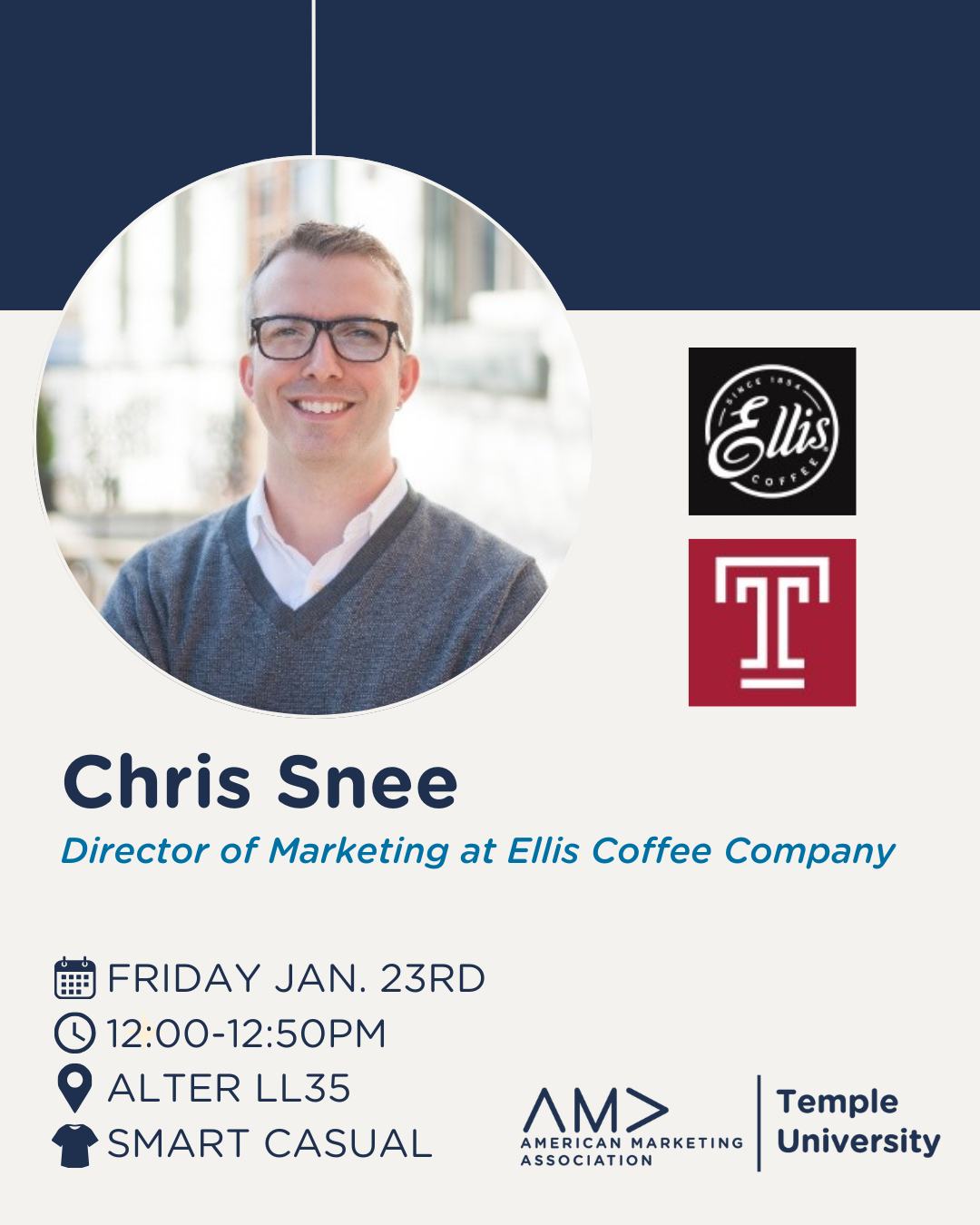 Join us as we welcome Chris Snee this Friday, January 23rd in Alter LL35! 🎤
Chris Snee is a creative professional with a strong background in visual design and brand identity. Come out to hear insights and professional experiences🍒
We look forward to seeing you there!