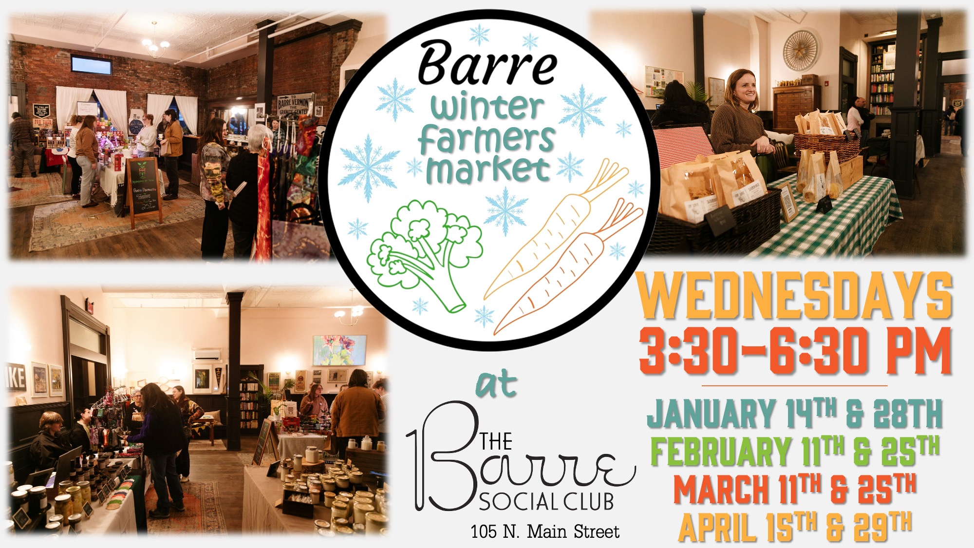 Join us today for the Barre Farmers Market!
🕞3:30 to 6:30 PM
📍Barre Social Club
🛍Shop fresh local goods
See you there 🥕❄️