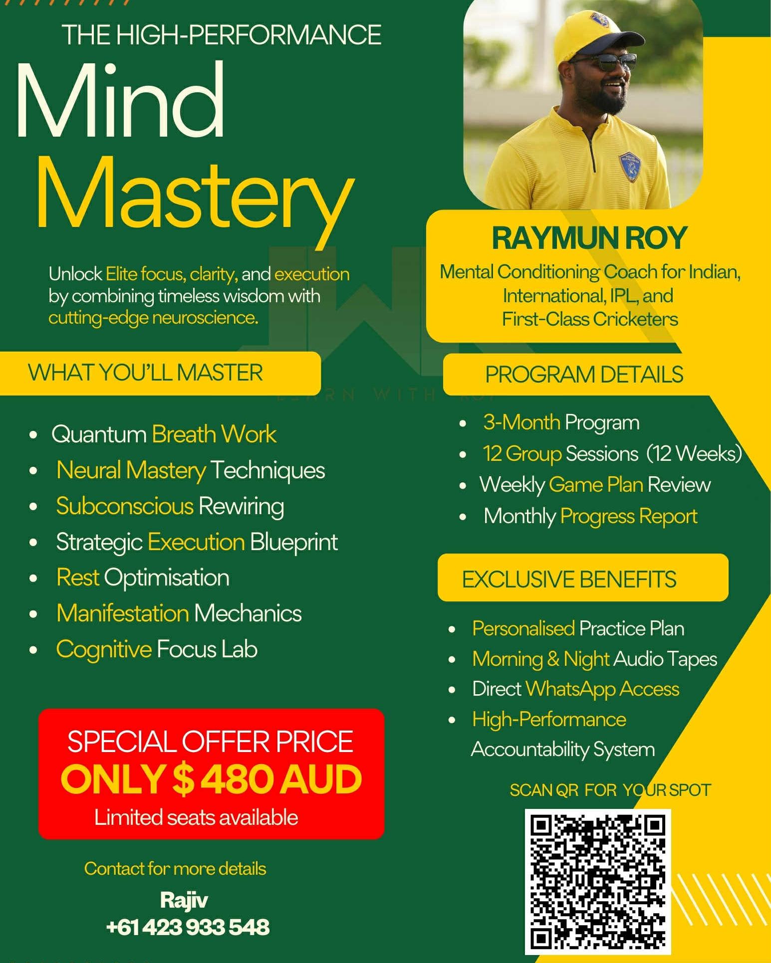 For those interested in taking their game to the next level, check out the Mind Mastery coaching program with our high-performance coach @rajiv.chandrasekar.
Unlock the mental side of your game and elevate your powers of concentration and strategic thinking by scanning the QR Code in the image above, or alternatively you can contact Rajiv on 0423 933 548 to secure your spot.