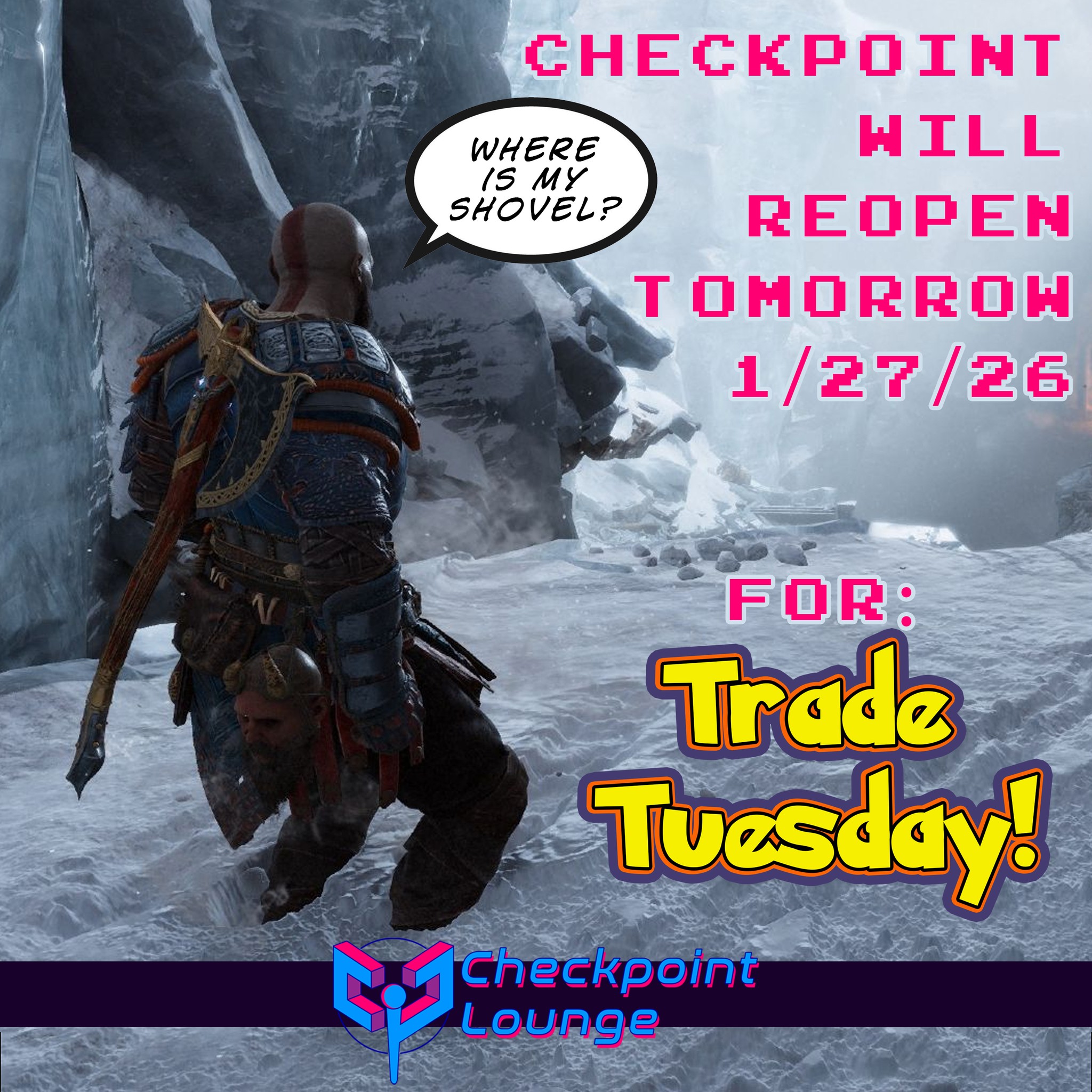 It's been a long couple of days, and I hope everyone is safe and shoveled out! Checkpoint will unfortunately be closed tonight because I'm exhausted and slightly cold-stricken from being outside for too many hours this weekend.
But we will be back tomorrow evening for Trade Tuesday!
5-7pm at Checkpoint Lounge in the Arnot Mall!
Come and trade some Pokemon, video games, and retro consoles!