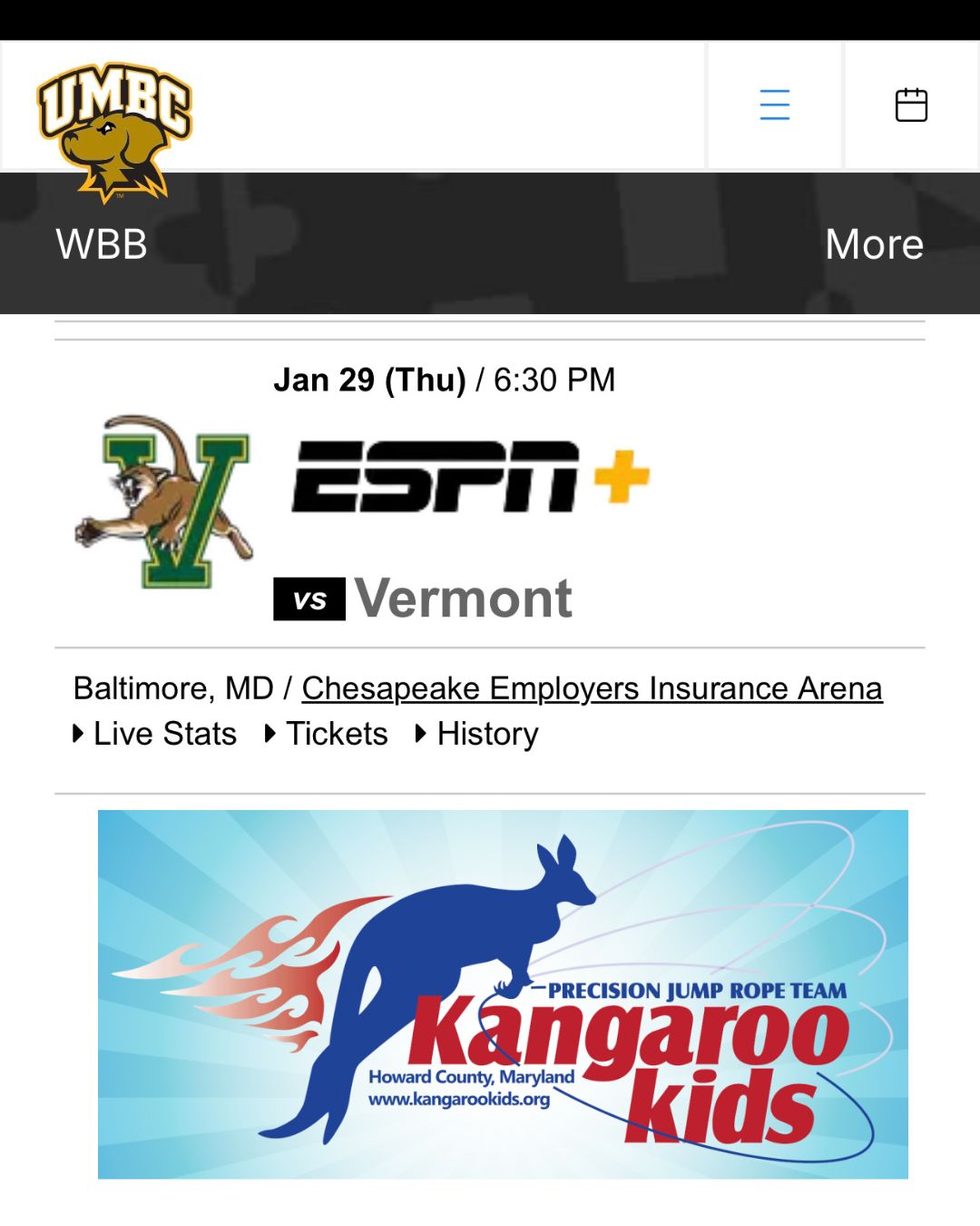 TOMORROW NIGHT! Head over to UMBC Women's Basketball against Vermont at 6:30 pm! Kangaroo Kids will be performing the halftime show! Tickets available https://umbctickets.universitytickets.com/w/