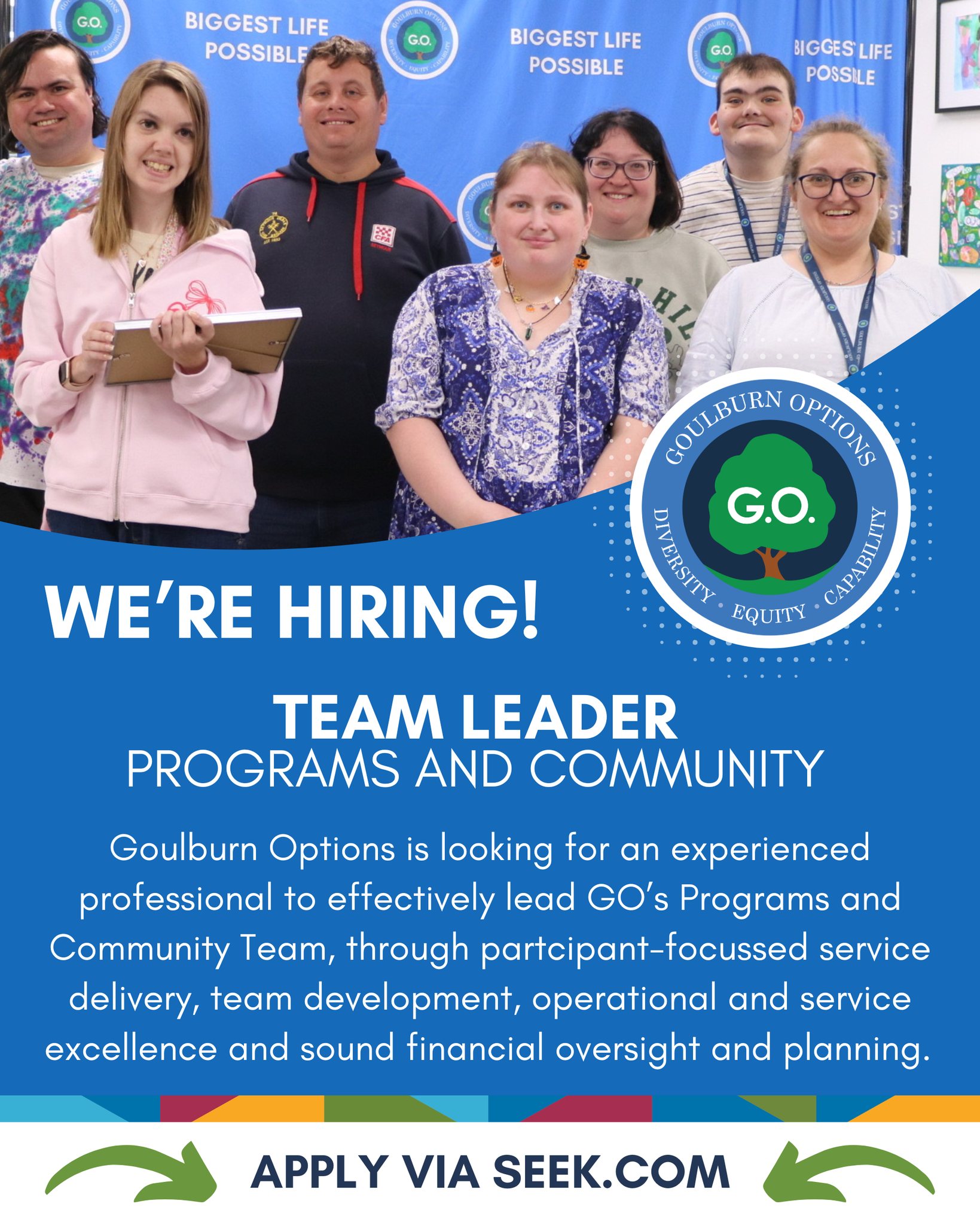 ✨ WE'RE HIRING! ✨
New year, new opportunities! ✨😎💪 If you've been searching for a career that makes a real difference in people's lives, this is your sign to apply for Team Leader - Programs and Community with GO!
Apply via Seek today: https://www.seek.com.au/job/89822780?ref=direct-share-hirer-jobs-list
#GoulburnOptions #jobopportunity #jobsearch #BiggestLifePossible #DisabilitySupportServices #DisabilitySupport