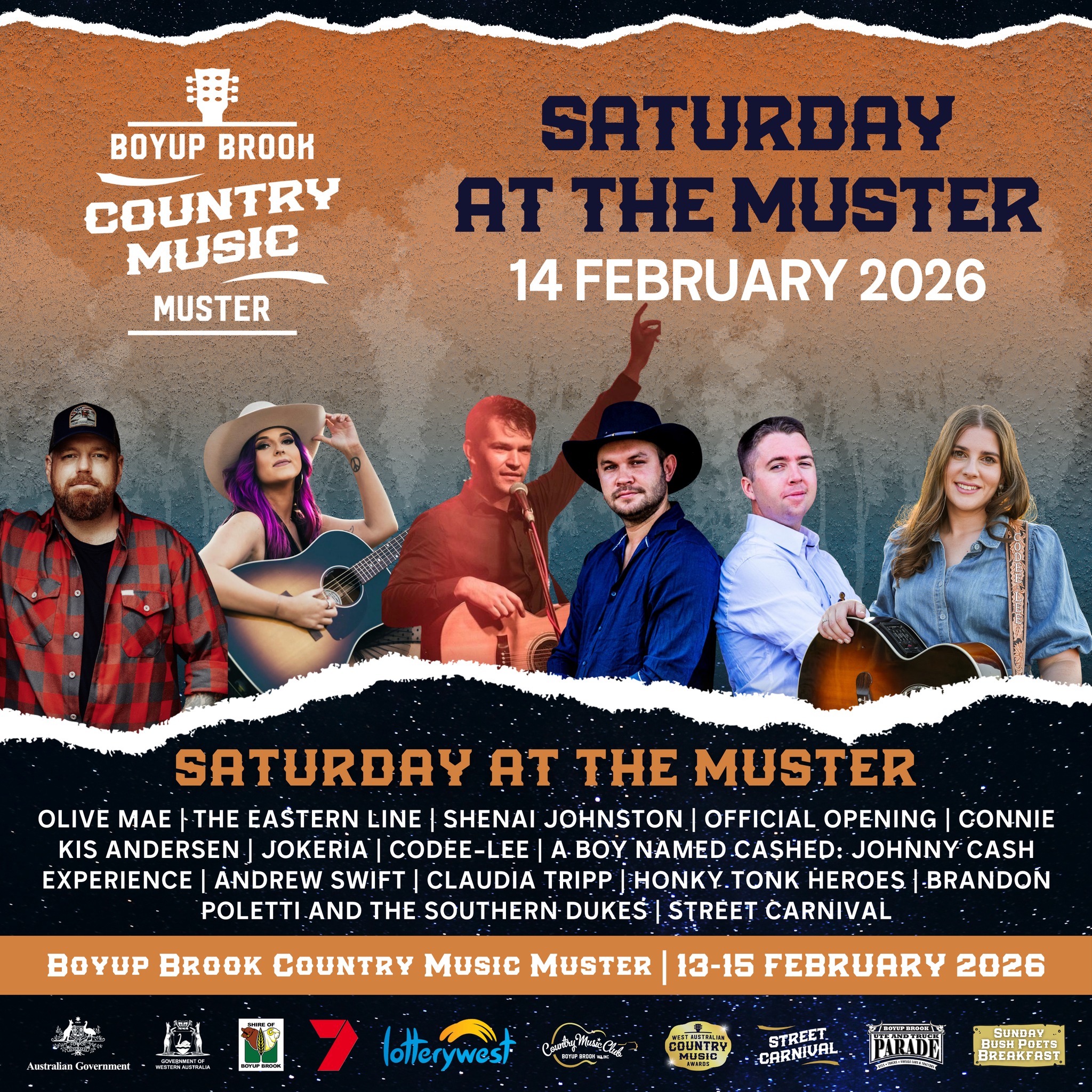 Saturday at the Muster is full noise, all day and all night 🤠🔥🎶
Main Stage hits from afternoon through to late, plus the Street Carnival bringing the town to life with colour, fun and that Boyup buzz and don't forget the Ute & Truck parade at 11:30am in the main street. If you’re picking a day to go big, this is it. Kick it country with us.
🎟️ Tickets and info www.wacountrymusic.com.au
Andrew Swift | @claudiatrippmusic | @montycottonmusic | @officialjokeriamusic | @codeeleemusic | @olivemaewilliams
#WAtheDreamState
The Boyup Brook Country Music Muster is supported by the WA Government through Tourism WA and Royalties for Regions and is supported by Revive Live, an Australian Government initiative.
Western Australia | Lotterywest | WA Government
