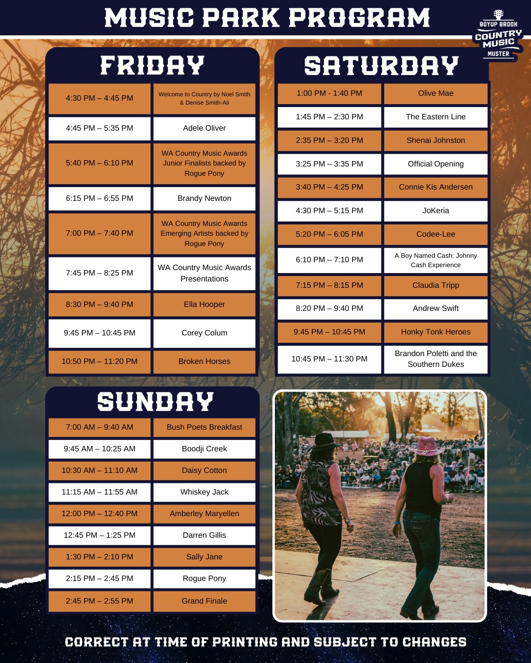 It all begins today 🤠🎶
The Music Park Program is ready to roll, with three days of country music, awards, storytelling and big main stage moments ahead. Grab the program, lock in your must see sets, and settle in for a weekend of kickin it country in Boyup Brook.
🎟️ Tickets and full program www.wacountrymusic.com.au
#wathedreamstate
The Boyup Brook Country Music Muster is supported by the WA Government through Tourism WA and Royalties for Regions and is supported by Revive Live, an Australian Government initiative.