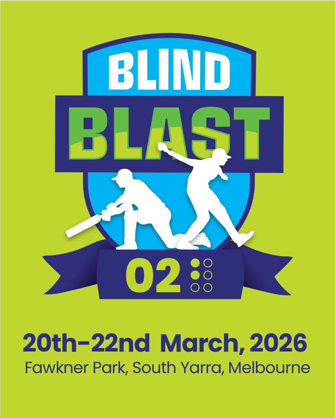 🏏𝗕𝗕𝟬𝟮🏆
Blind Blast is back for 2026! The second edition of Blind Blast (BB02) will be held in Melbourne from 20th – 22nd March 2026. We are aiming for an expanded three-day event in 2026 with the addition of semi-finals and a final. The overall objectives of the event are participation, skill-development, and engagement.
Please complete this Expression of Interest form (link below and in our profile above) to let us know you would like to participate. If you have any questions or need assistance completing the EOI, please contact Simon Fuller (VBCA President) on 0425 719 392.
https://forms.office.com/pages/responsepage.aspx?id=qiqWYpxWZE21NTFdSY69IL4ahju8Gh1HhegwCyfLpJdUOVFKRDkwN085MU85R1Q0Q1BEMkJKV1NHVi4u&route=shorturl
Image description: Bright green background with blue and purple BB02 logo - Blind Blast 02. Underneath, purple wording says 20th-22nd March, 2026. Fawkner Park, South Yarra, Melbourne