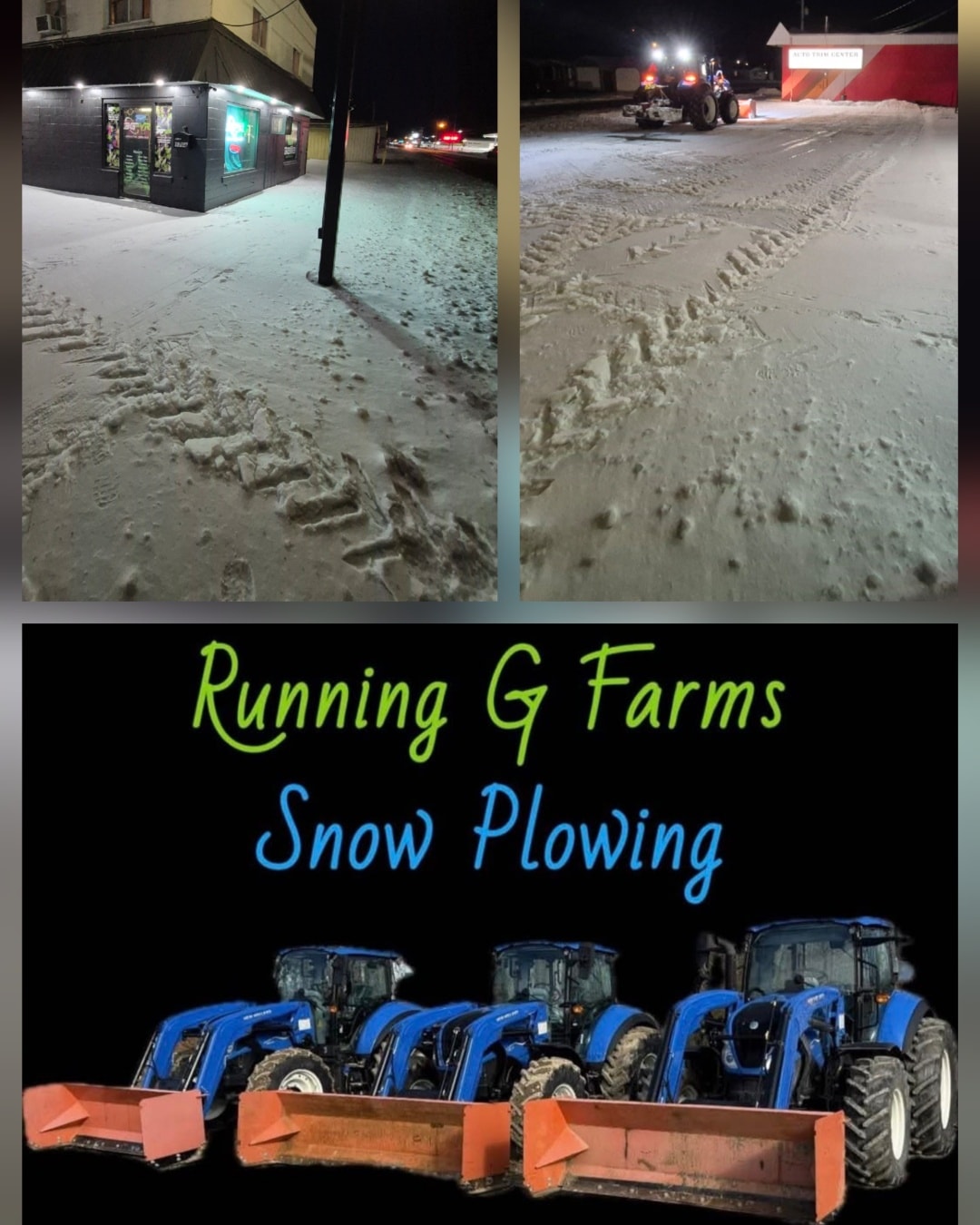Big thanks to Running G Farms for getting right out here tonight to get the parking lot plowed & salted. Yes we're open tonight for $5. MONDAY! & They are almost done with plowing the lot, then they just got the salt guy coming in after to finish up. :)