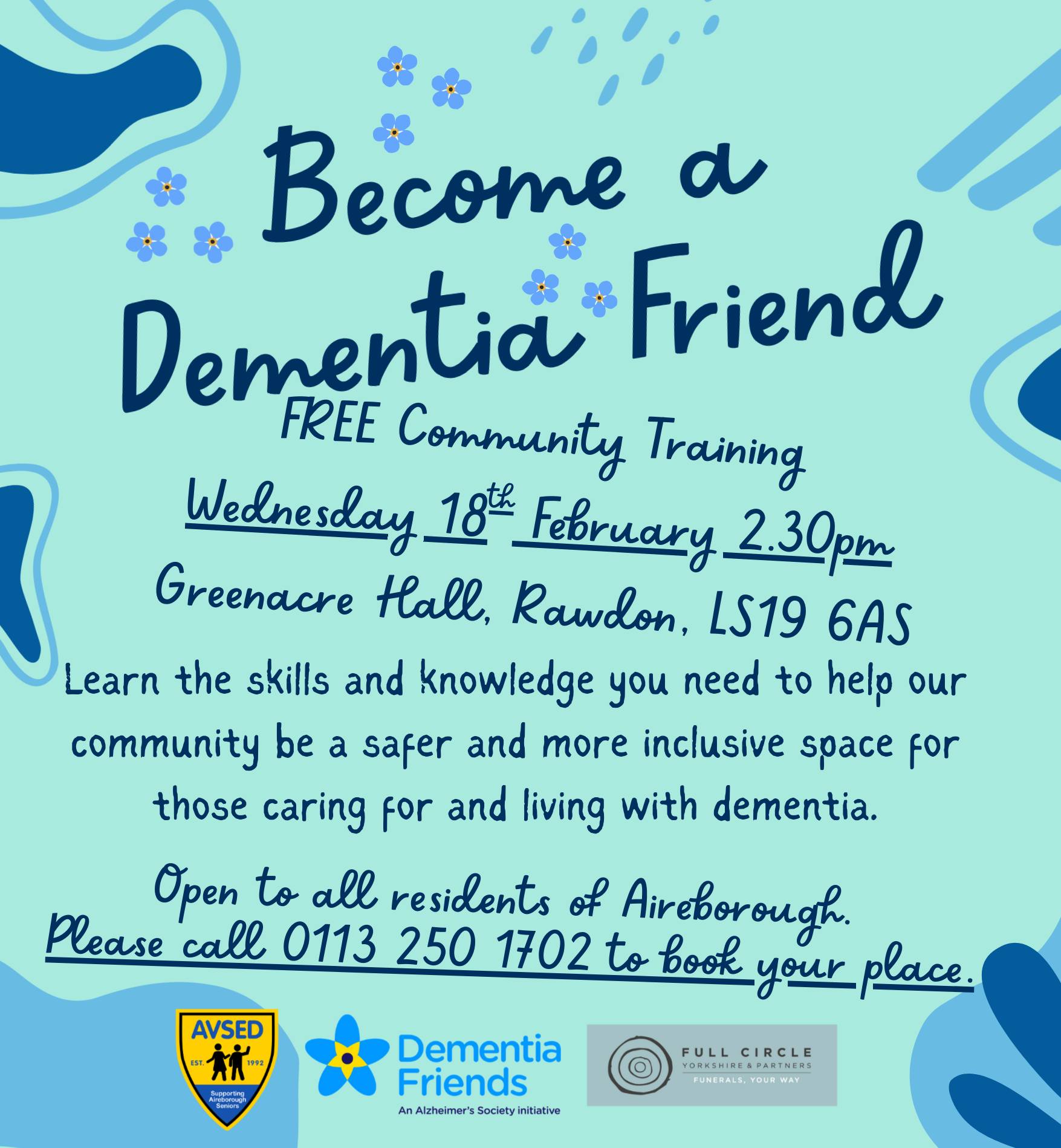 We’re delighted to be opening our doors at AVSED and working in collaboration with the wonderful Ruth from Full Circle Funerals, an Alzheimer’s Society Dementia Friends Trainer, to bring another Dementia Friends session to our community.
This free 1-hour session will help you gain a clearer understanding of dementia, explore some of the common challenges people living with dementia may face, and learn simple, practical ways we can all offer support in everyday life. The aim is to build confidence, awareness, and compassion — and to help us work together to make Aireborough a more Dementia Friendly community.
To book your free place, please call 0113 250 1702 and leave your name and telephone number.
#dementiafriends #dementiafriendlyaireborough
