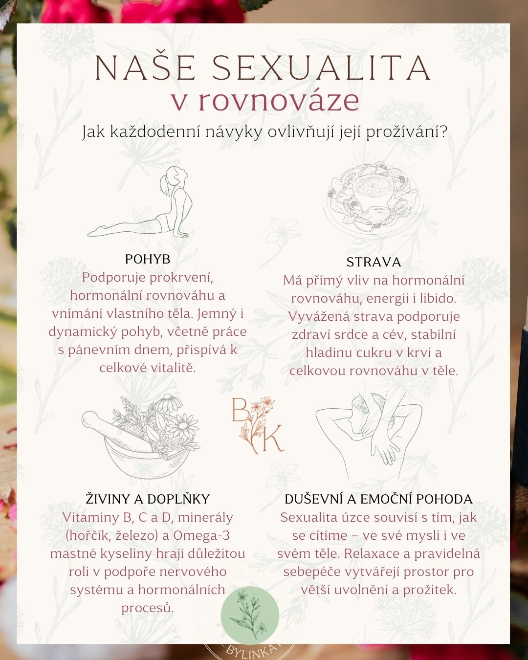 💗 Sexualita není výkon, ale přirozený projev vitality, zdraví a vztahu k sobě.
Tak jak zařídit, aby všechno fungovalo „jak má“? 🙂
Naše sexualita se neodehrává odděleně od běžného života.
Ovlivňuje ji pohyb, strava, péče o tělo i to, kolik prostoru dáváme odpočinku, emocím a uvolnění.
✨ Když je tělo v rovnováze, může se uvolnit.
A když je uvolněné, je otevřenější blízkosti, potěšení i prožívání.
Tahleta infografika jemně připomíná, že někdy stačí zpomalit, naslouchat svému tělu a pečovat o sebe s větší laskavostí.
O zbytek se postará příroda.🌿
#Bylinkatka #valentyn #vitalita #aromaterapie #bylinky