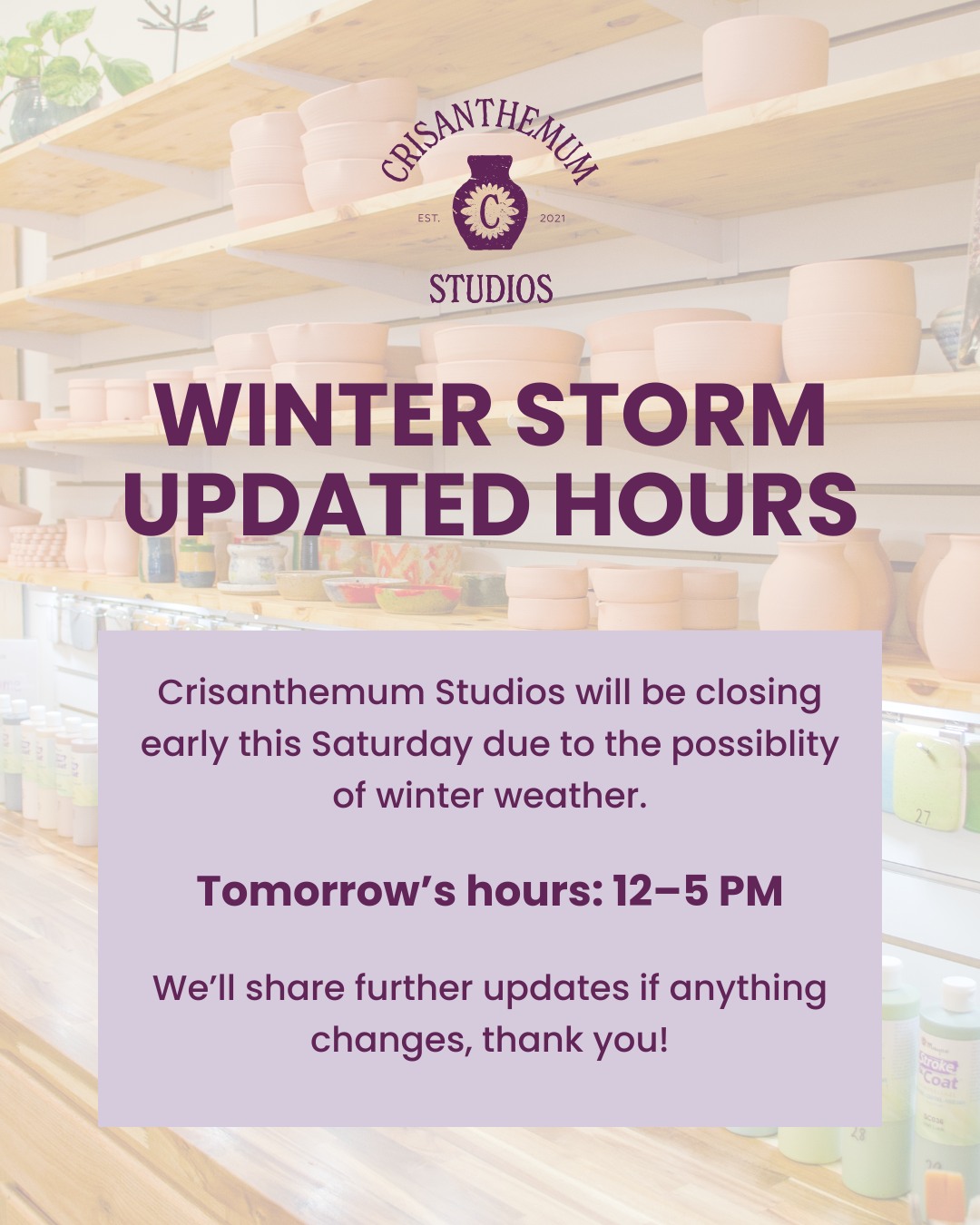 We’re planning to stay open tomorrow, just closing a bit early with the winter weather. If you want to get cozy crafting in the studio and it's safe for you to drive, we’d love to see you! We’ll keep you updated if anything changes—stay safe and warm out there friends. ❄️
#WeatherUpdate