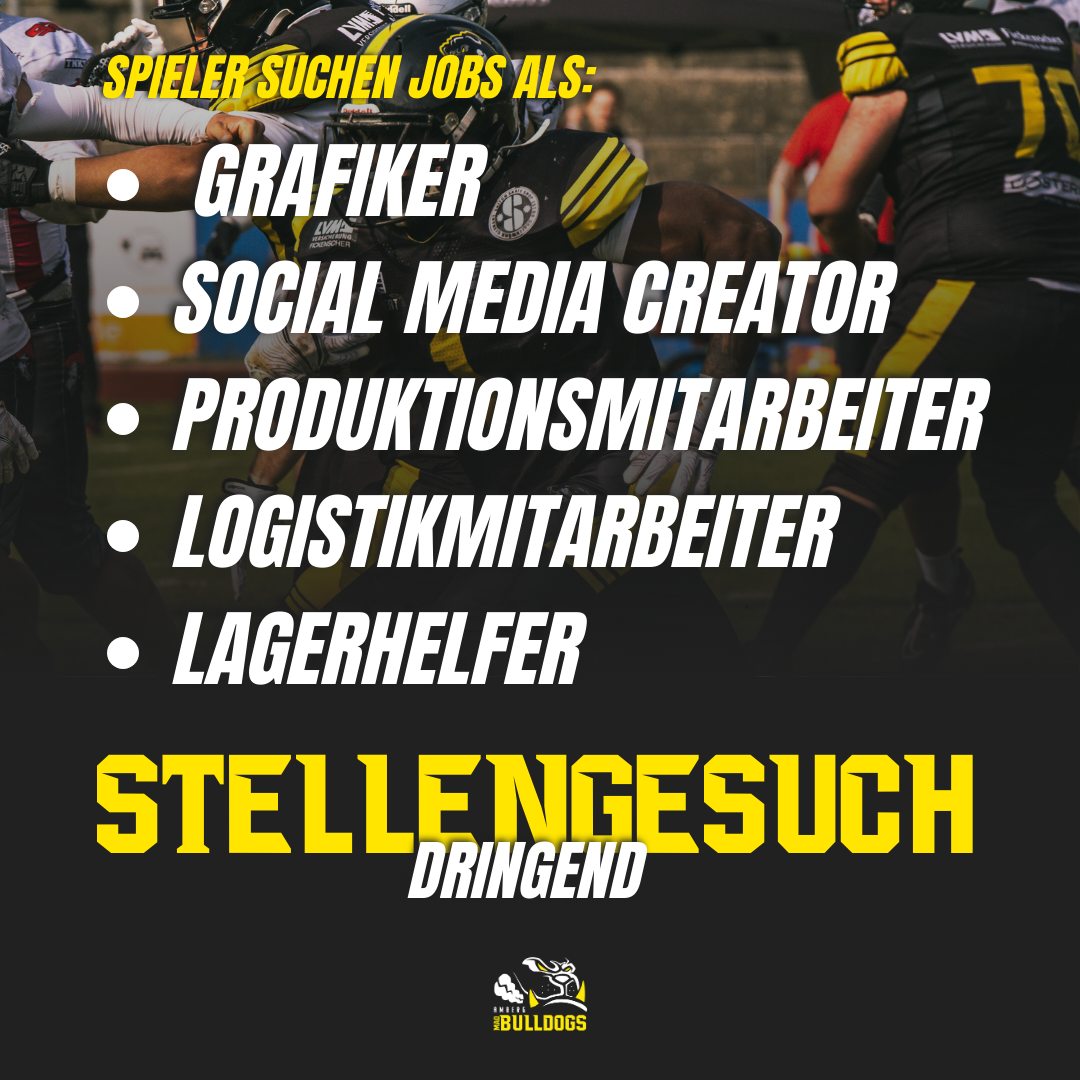 ⚠️ DRINGEND: JOBS GESUCHT! ⚠️
DAWGS-Family, wir brauchen Euch! 📢
Einige unserer Spieler suchen ab sofort Jobs in der Region Amberg/Oberpfalz. Wir haben hier top-motivierte Athleten, die im Job genauso Gas geben wollen wie auf dem Feld. 🔥
Wir suchen in zwei Bereichen:
1️⃣ KREATIV (Sprache: Deutsch 🇩🇪) Gesucht werden Jobs als: ▪️ Grafiker ▪️ Social Media Creator und -Manager
2️⃣ HANDS-ON (Sprache: Englisch 🇺🇸) Gesucht werden Jobs als: ▪️ Produktionsmitarbeiter ▪️ Logistikmitarbeiter ▪️ Lagerhelfer (Ideal für Firmen, bei denen Einsatzwille zählt!)
Was ihr tun könnt? Weißt du, wo gerade Leute gesucht werden? Sucht deine Firma? 👉 Schreib uns eine DM! 👉 Markiere deinen Chef oder deine Firma in den Kommentaren! 👇 👉 Teil diesen Beitrag in deiner Story!
Danke für euren Support! 🏈
#madbulldogs #amberg #jobsuche #dringend #communitypower #football #hiringnow #oberpfalzjobs