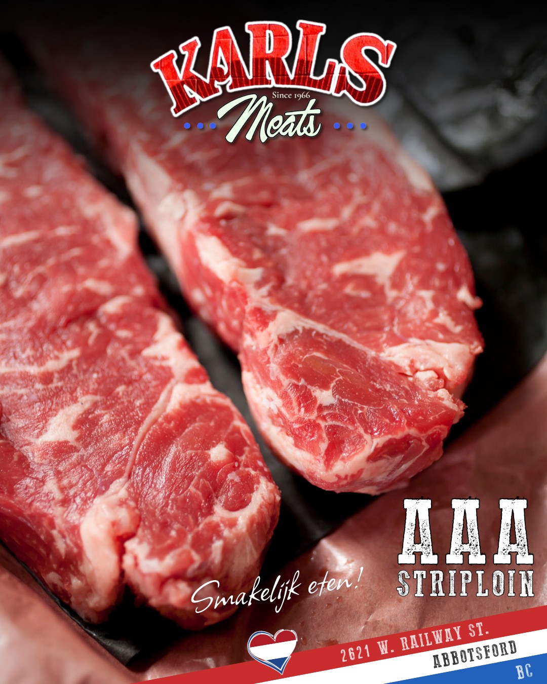 🥩 In the Case Today: AAA "Beauty" Strip Loins 🥩
Sometimes the best meals are the simplest ones. Today we have fresh AAA "beauty" strip loins in the case — a cut that deserves respect, not overthinking.
Our favourite way to enjoy it is with a hot pan, simple seasoning, and a light soup on the side.
How to cook it:
Bring the steak to room temperature, pat it dry, and season simply with salt and Verstegen Steak Pepper or coarse black pepper. Sear in a very hot pan with a little oil for 2–3 minutes per side. Finish with a small knob of butter, then rest for 5 minutes before serving.
Keep the soup simple:
A clear beef soup like Honig Rundvleessoep or a mild König Vegetable Soup is all you need — light, warming, and never competing with the steak.
This is winter cooking the way it’s always been done: honest ingredients, gentle seasoning, and letting good beef speak for itself.
Smakelijk eten! 😋
— The Karl’s Meats Team 💪
#KarlsMeats #AAAbeef #StripLoin
#SimpleCooking #WinterComfort
#DutchHeritage #SupportLocal
#Abbotsford #FraserValley