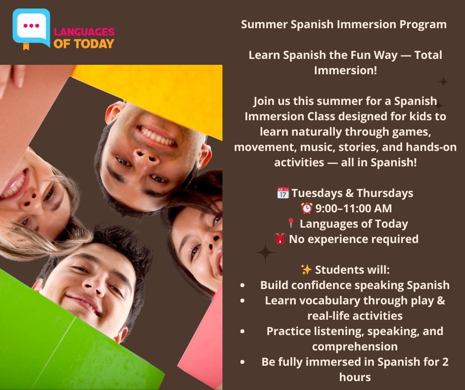 🌞 Summer Spanish Immersion – Interest Check! 🇪🇸
We’re exploring a Spanish Immersion Summer Program and want to see who’s interested!
👧🧒 For ages 6 and up
🗓️ Tuesdays & Thursdays
⏰ 9:00–11:00 AM
📍 Prolific Creation Studios
✨ Program highlights:
Total Spanish immersion
Games, movement, music & hands-on activities
Learn Spanish naturally in a fun, supportive environment
No prior Spanish experience needed
💲 Monthly Pricing Options:
• 1 day per week: ~$150/month
• 2 days per week: ~$260/month